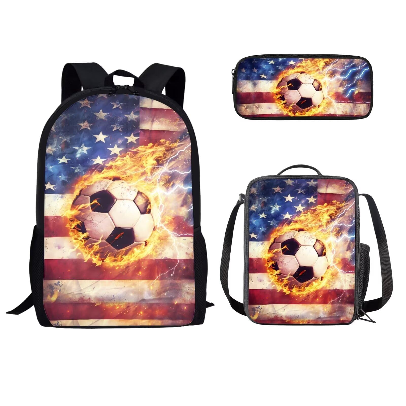 Boys School Backpack Set - 17 Inch Soccer America Flag Bookbag with Lunch Box & Pencil Case - Large Capacity Lightweight Backpack for School, Sports & Travel