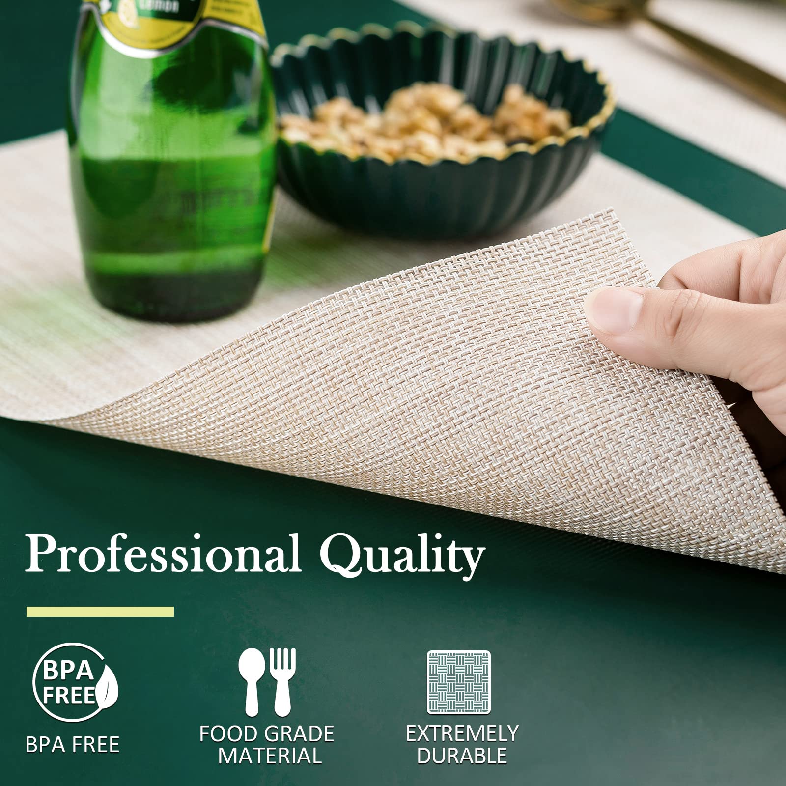 4-Pack Washable Vinyl Placemats for Dining Table - Indoor/Outdoor PVC Woven Table Mats (Beige) - Perfect for Kitchen, Patio, Picnic & Everyday Use