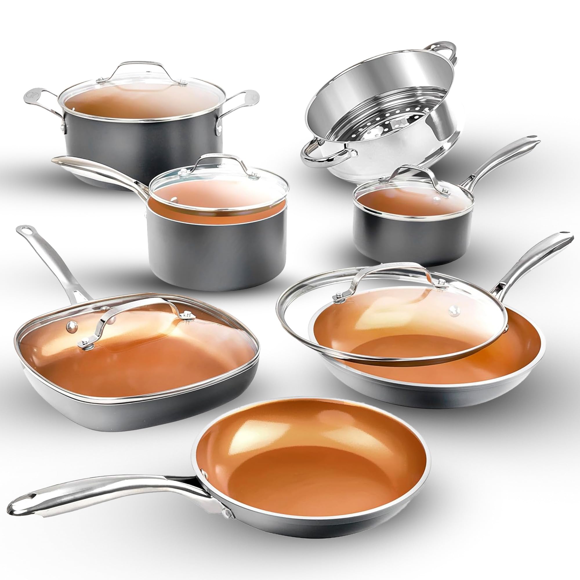 Gotham Steel 12-Piece Ceramic Non-Stick Cookware Set - Pots & Pans with Copper Coating | Oven & Dishwasher Safe | Non-Toxic Kitchen Cookware for Baking, Frying & Everyday Cooking