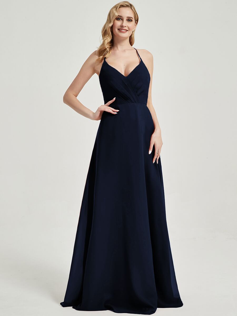 Elegant Dark Navy Pleated Halter V-Neck Backless Maxi Chiffon Bridesmaid Dress - Perfect for Weddings, Formal Events & Evening Parties