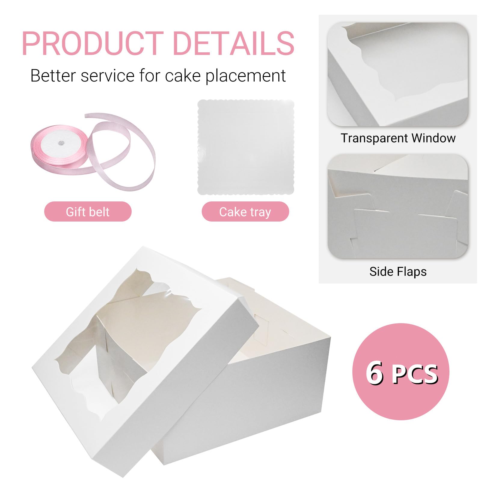 10x10x5 Inches White Bakery Cake Box Set (12pcs) - 6 Disposable Cake Boxes & 6 Cake Boards with Ribbon for Birthday, Pastries, Pies | Perfect for Home Baking, Party Desserts & Gift Packaging