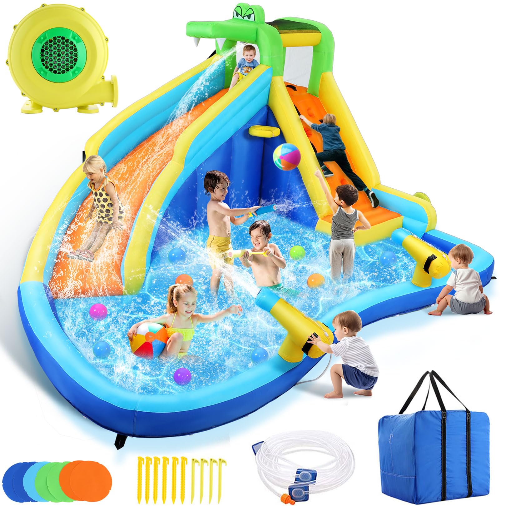 Inflatable Water Slides for Kids - 6 in 1 Blow Up Water Park with 450W Blower, 158x138x89 Inches, Climbing Wall, Splash Pool, 2 Water Cannons, Basketball Hoop & Crocodile Shower Head - Perfect for Backyard Summer Fun, Birthday Parties, and Outdoor Family Activities