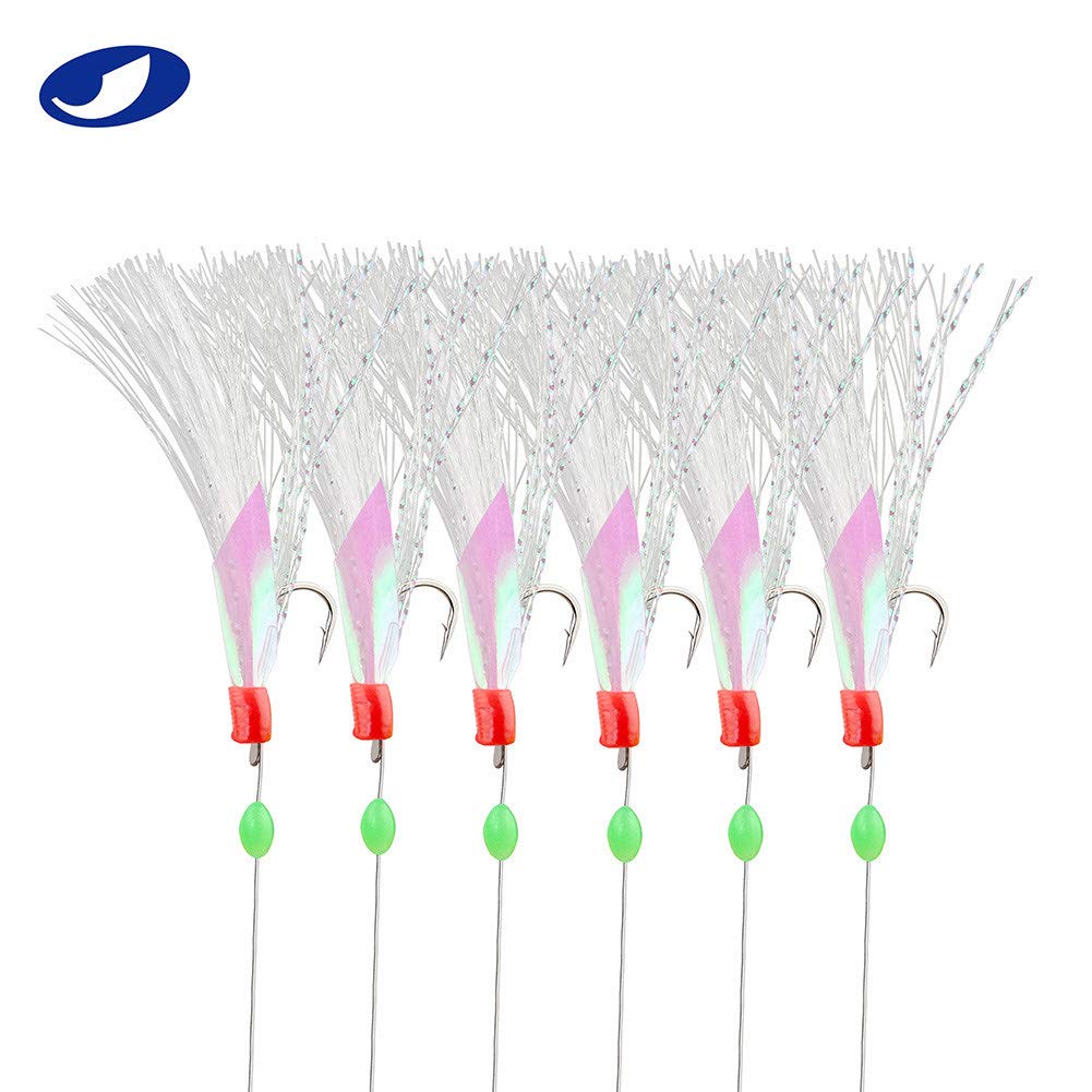 OCEAN CAT 6-Pack Fishing Rigs with Rainbow Soft Rubber & Colorful Feathers - Carbon Steel Hooks & Glow Beads for Freshwater & Saltwater Fishing | Ideal for Bass, Trout, and Saltwater Game Fish