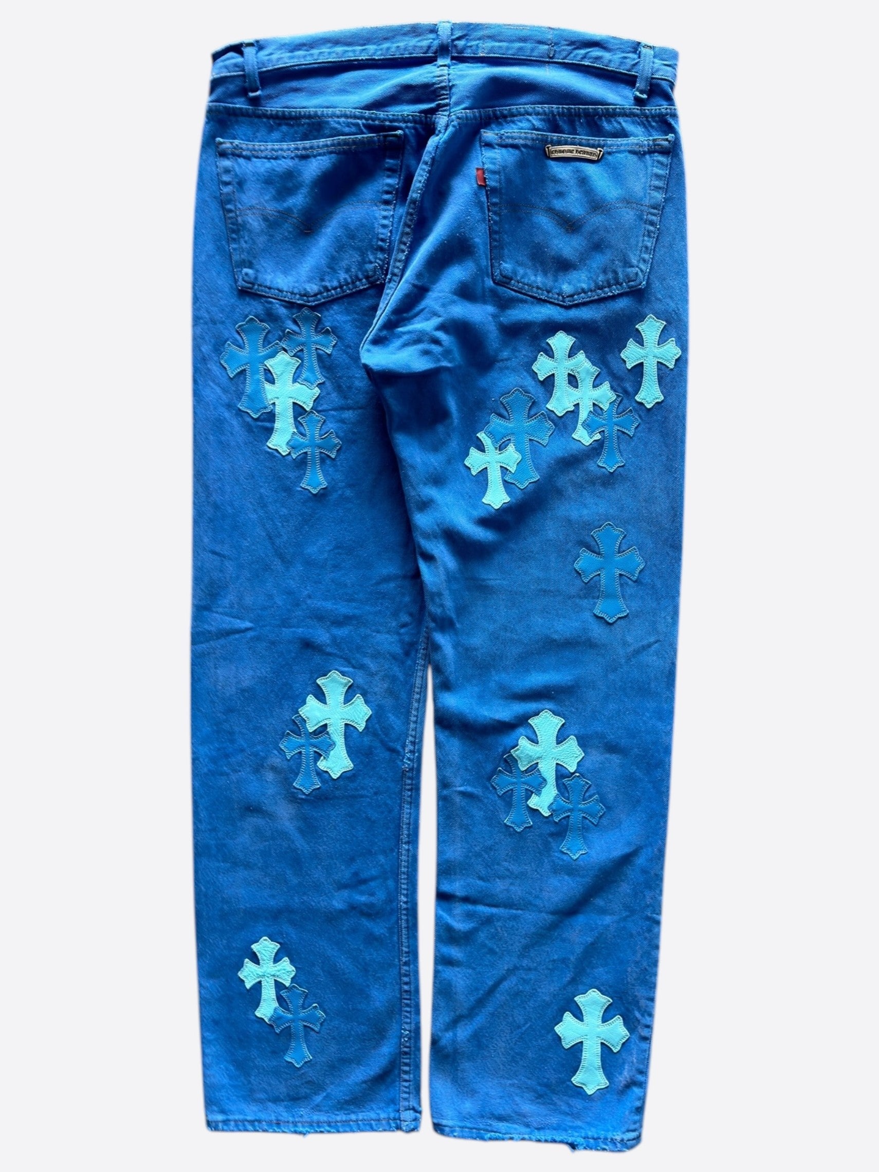 Chrome Hearts x Levi's London Exclusive Blue Dyed Cross Patch Denim Jeans for Men - Stylish Vintage Designer Pants for Casual Wear & Street Fashion