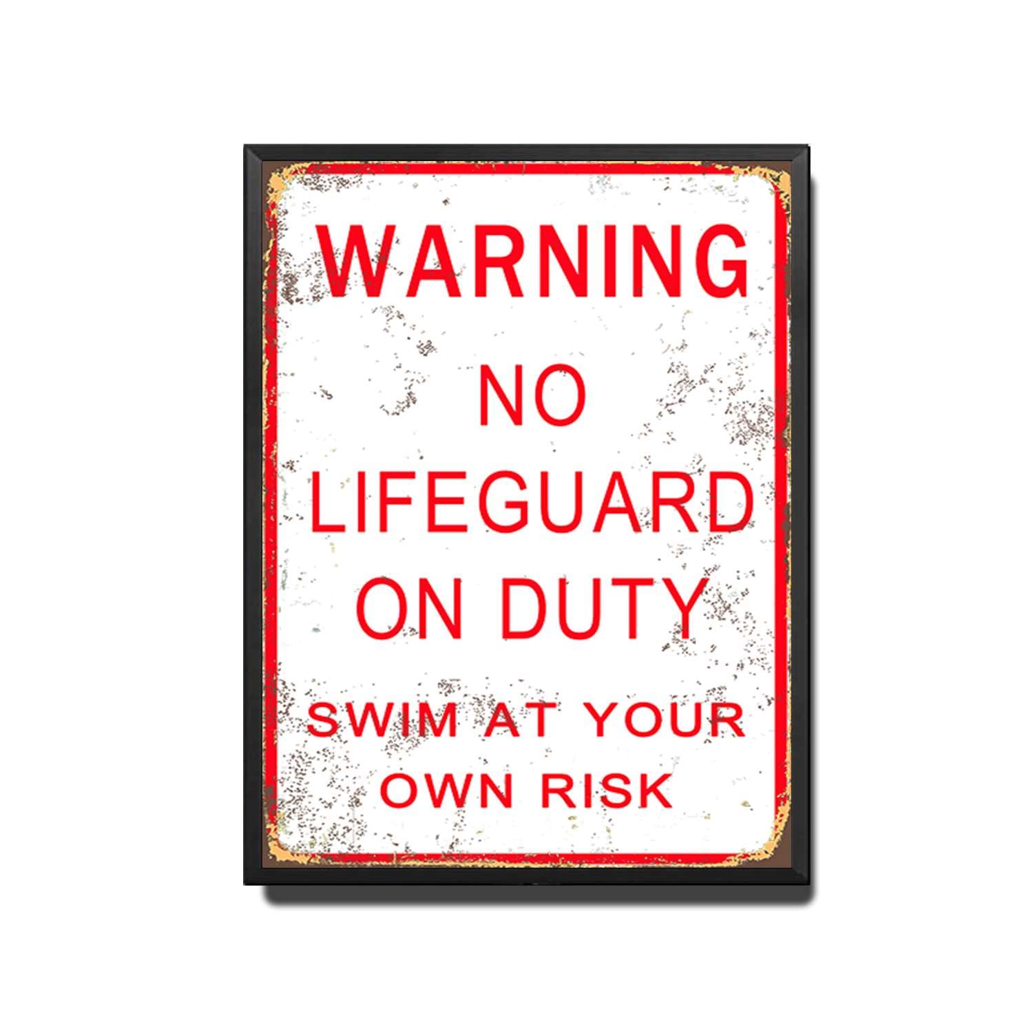 Vintage No Lifeguard On Duty Metal Tin Sign - 12x16 Inch Retro Warning Sign for Pool, Beach & Swim Areas - Rustic Wall Decor for Bedroom, Bar, Man Cave or Outdoor Courtyard - Perfect for Themed Parties & Coastal Home Decoration