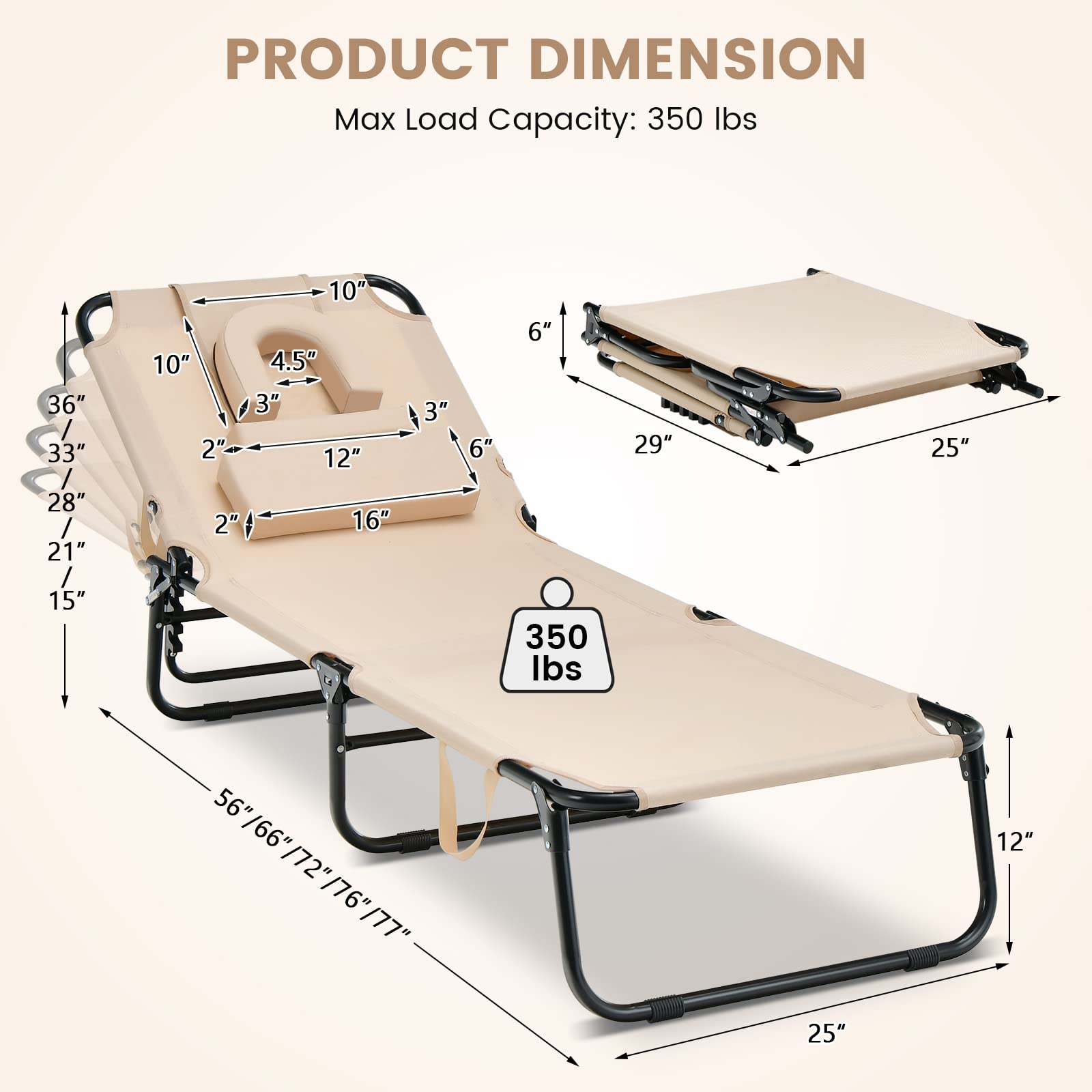 GYMAX 350lbs Heavy Duty Tanning Chair with Face Hole - Adjustable Folding Chaise Lounge for Beach, Poolside, Patio - Includes Washable Pillow & Carry Strap - Perfect for Sunbathing, Relaxing Outdoors, Backyard Lounging (Beige, 2-Pack)