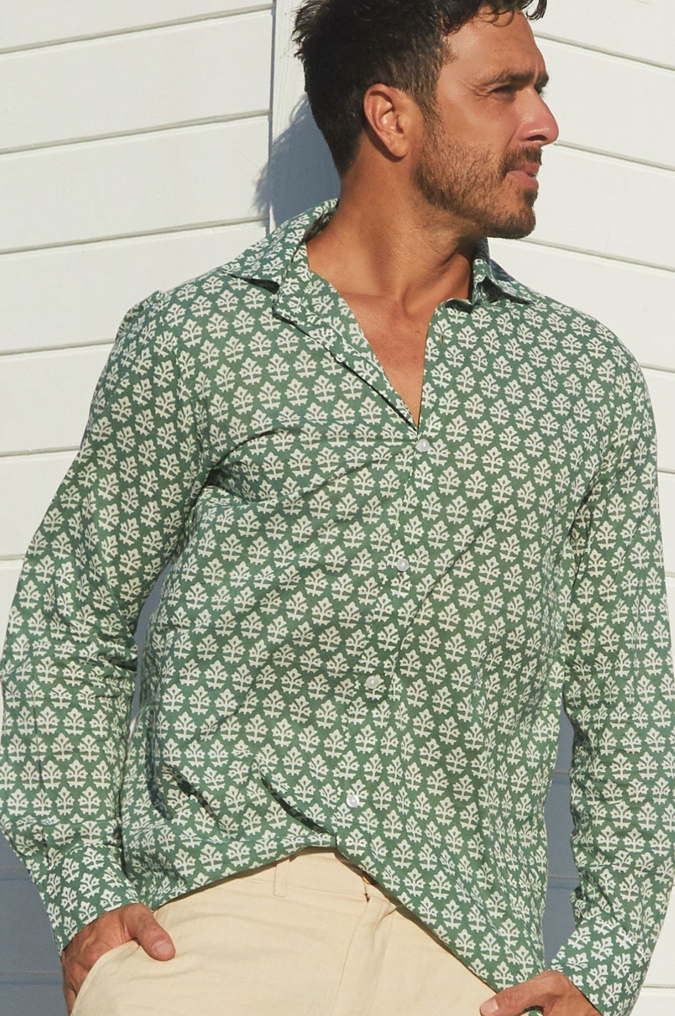 Men's Stylish Printed Cotton Shirt - Batik Khaki Design | Comfortable Casual Wear for Summer Outings & Beach Vacations