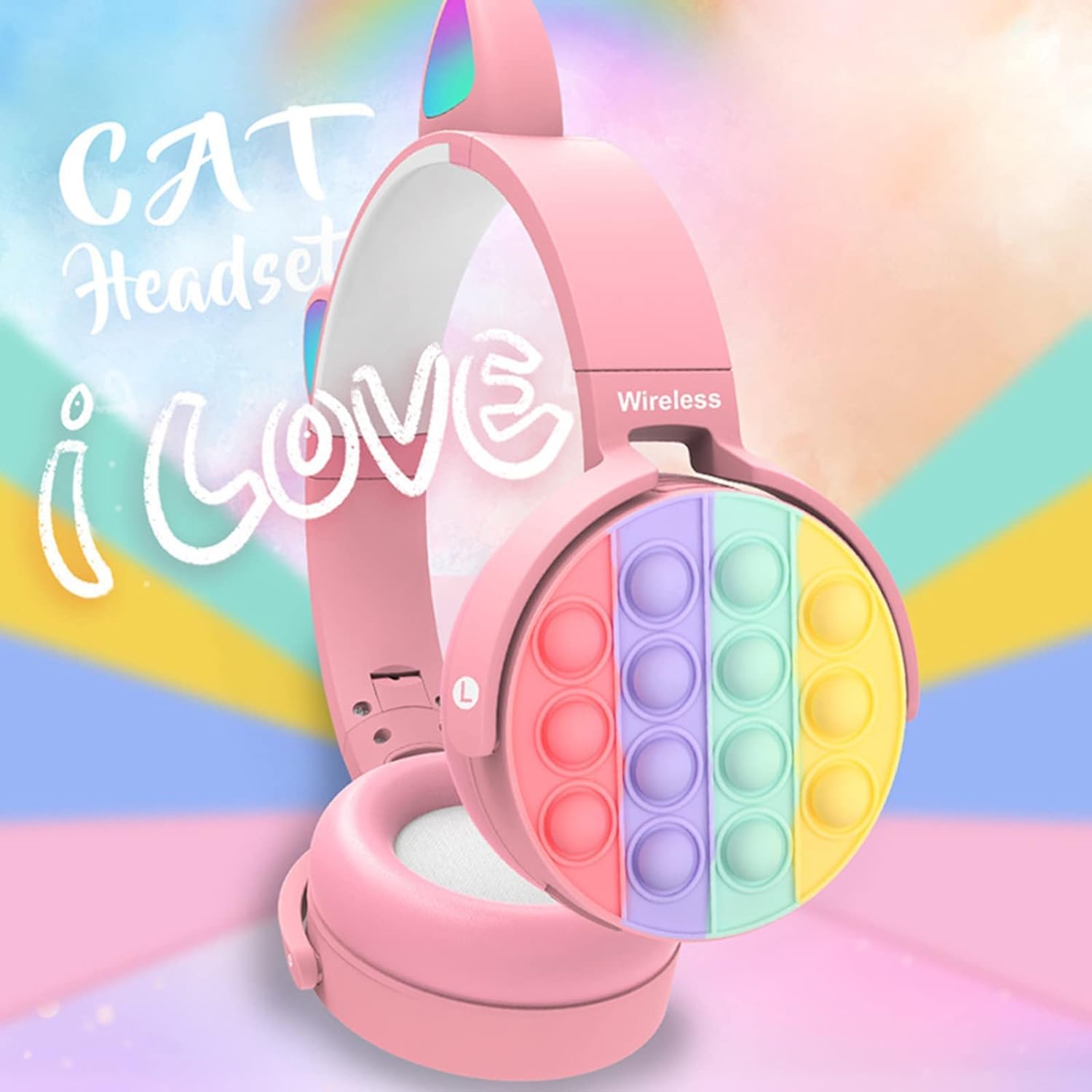 Wireless Bluetooth Headphones with Microphone - Rechargeable On-Ear Headset with Fidget Pop Bubbles, Powerful Stereo Bass & Noise Cancelling - Perfect for Gaming, Work Calls & Stress Relief (Pink Cat Design)