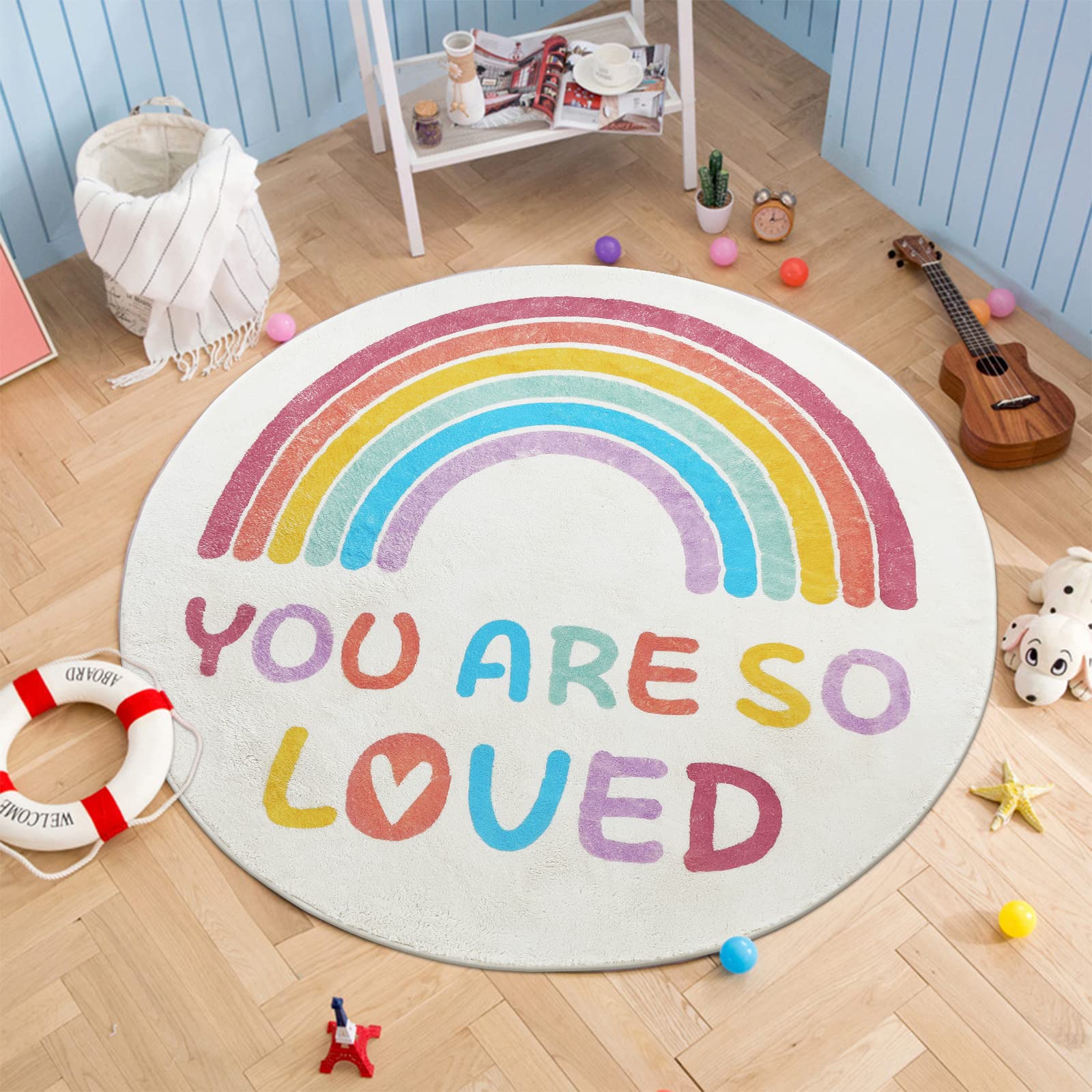 Topotdor Rainbow Round Rug for Girls Bedroom - Colorful Boho Nursery Area Rug, Ultra Soft Machine Washable Kids Play Mat, 63