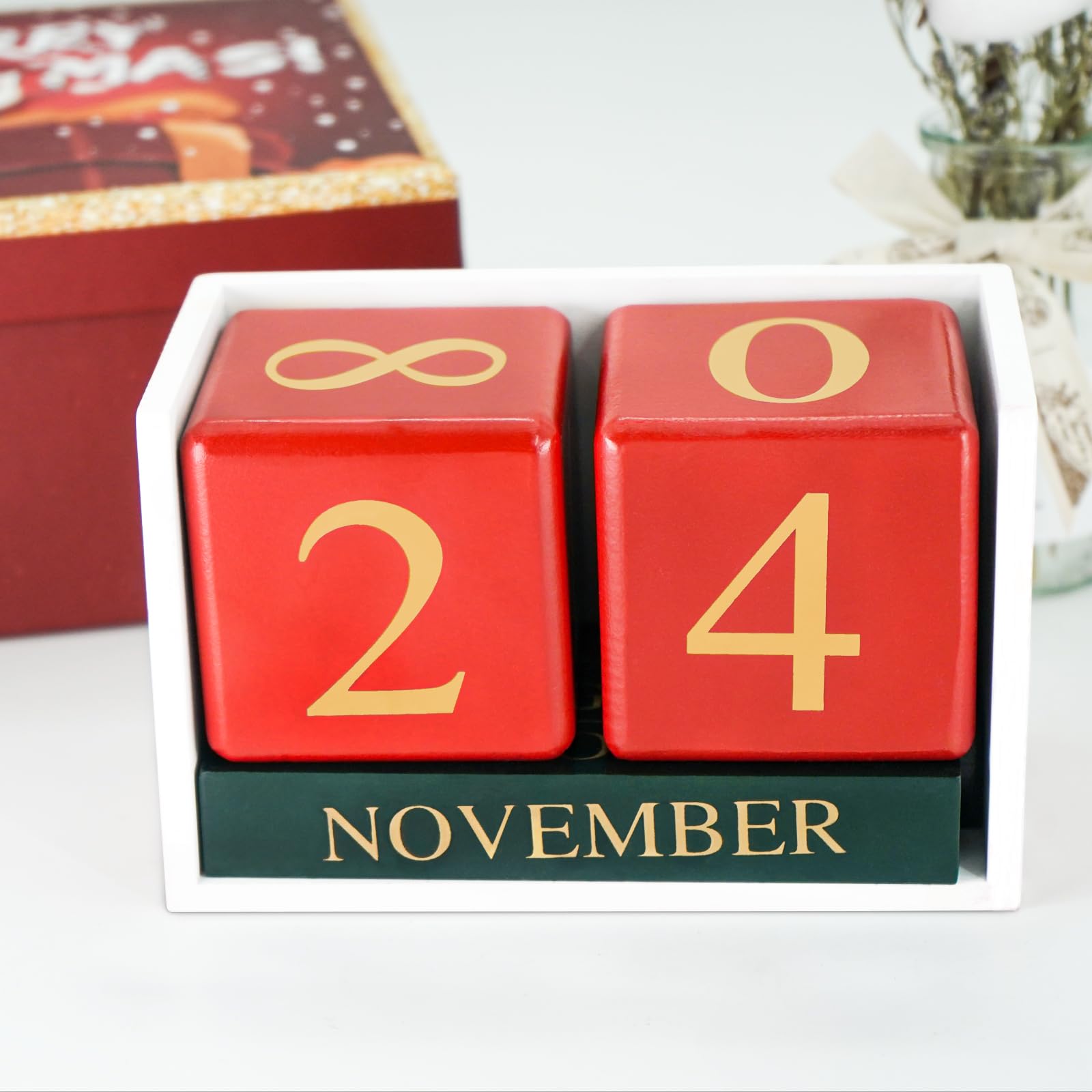 Wooden Perpetual Desk Calendar Blocks - Pink Office Desk Accessories with Month & Date Display, Wooden Cubical Decor for Home & Office - Perfect Gift for Women & Men (Christmas Green) | Great for Desk Organization, Holiday Decor & Thoughtful Gifting
