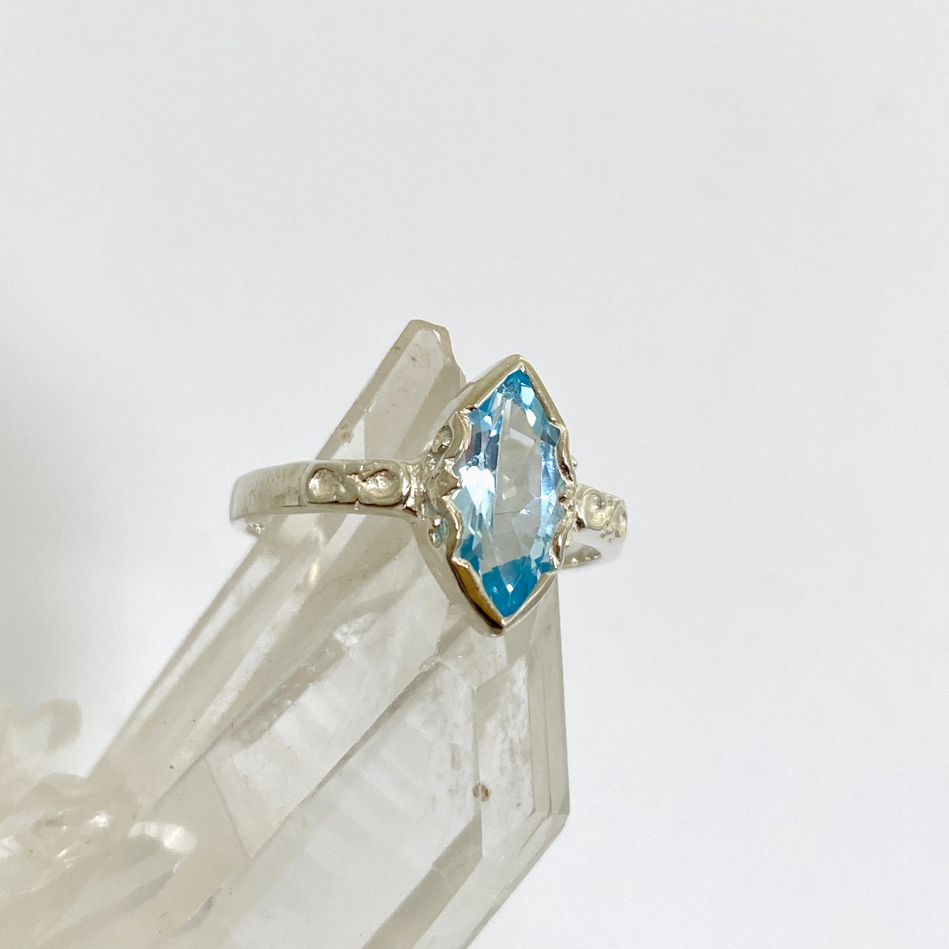 Blue Topaz Marquise Cut Ring with Decorative Setting R3726 – Elegant Jewelry for Weddings, Parties & Special Occasions