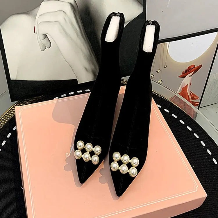 Stylish Women's Ankle Boots - Pointed Toe High Heel Rhinestone Flock Boots for Spring & Autumn | Fashionable Dress Shoes for Work, Party & Evening Out