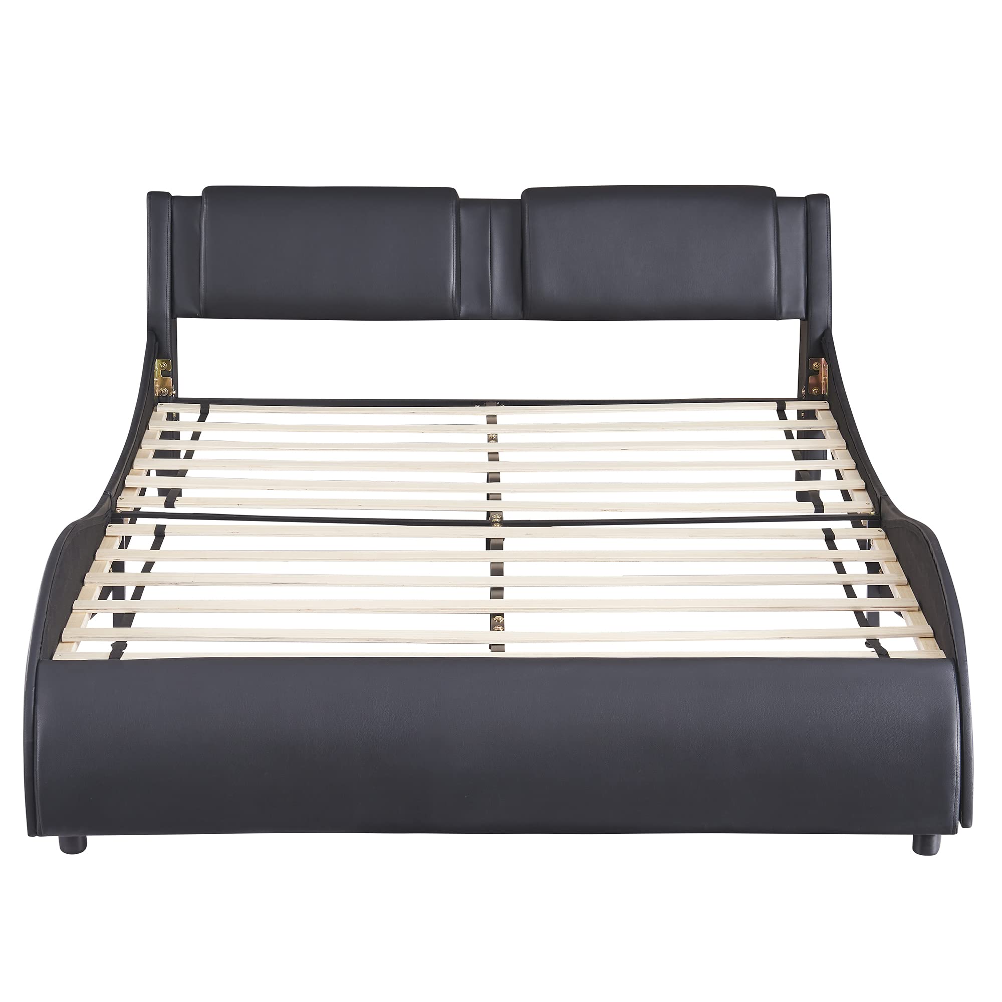 P PURLOVE Full Size Upholstered Faux Leather Platform Bed Frame with LED Lights & Slatted Support - No Box Spring Needed, Modern Bedroom Furniture for Small Spaces (Black) - Perfect for Contemporary Apartments, Dorm Rooms & Guest Bedrooms