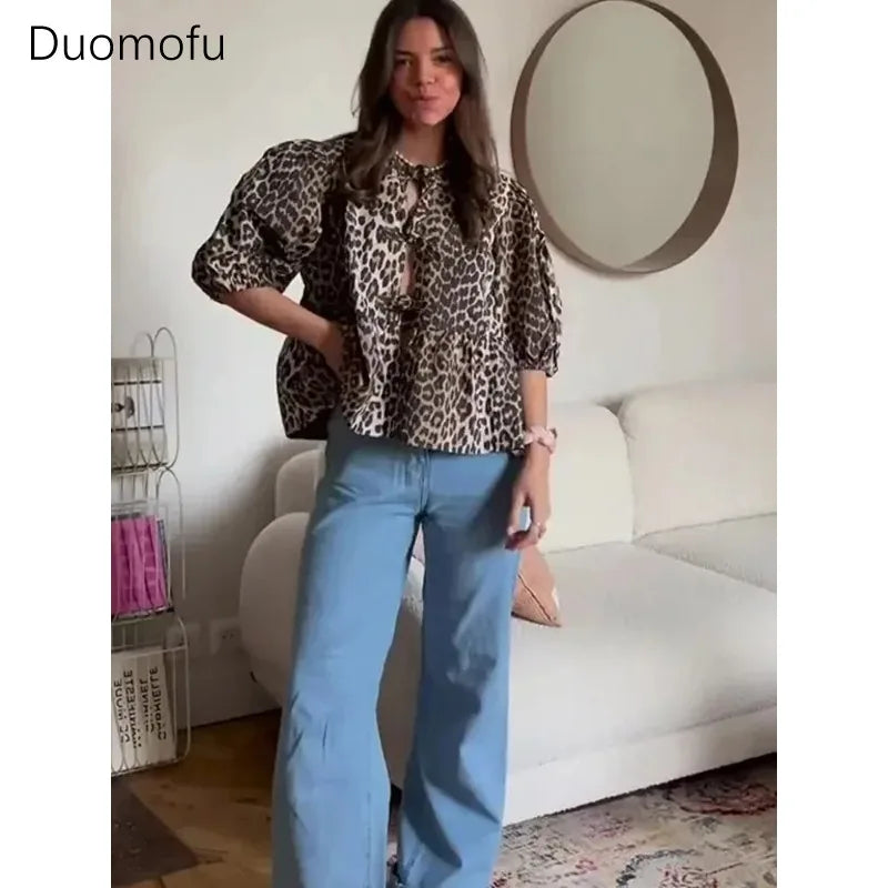 Duomofu Leopard Print Bow Tie Blouse for Women - Loose Fit Y2K Puff Sleeve Pleated Cropped Top | Summer Streetwear Fashion | Perfect for Casual Outings, Parties & Instagram Photos