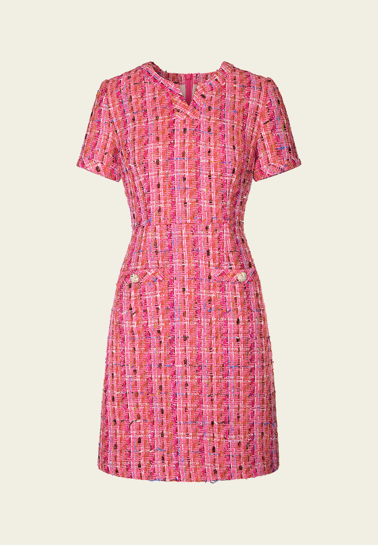 Elegant V-Neck Embellished Button Mixed Tweed Dress for Women - Perfect for Office, Cocktail Parties & Special Occasions