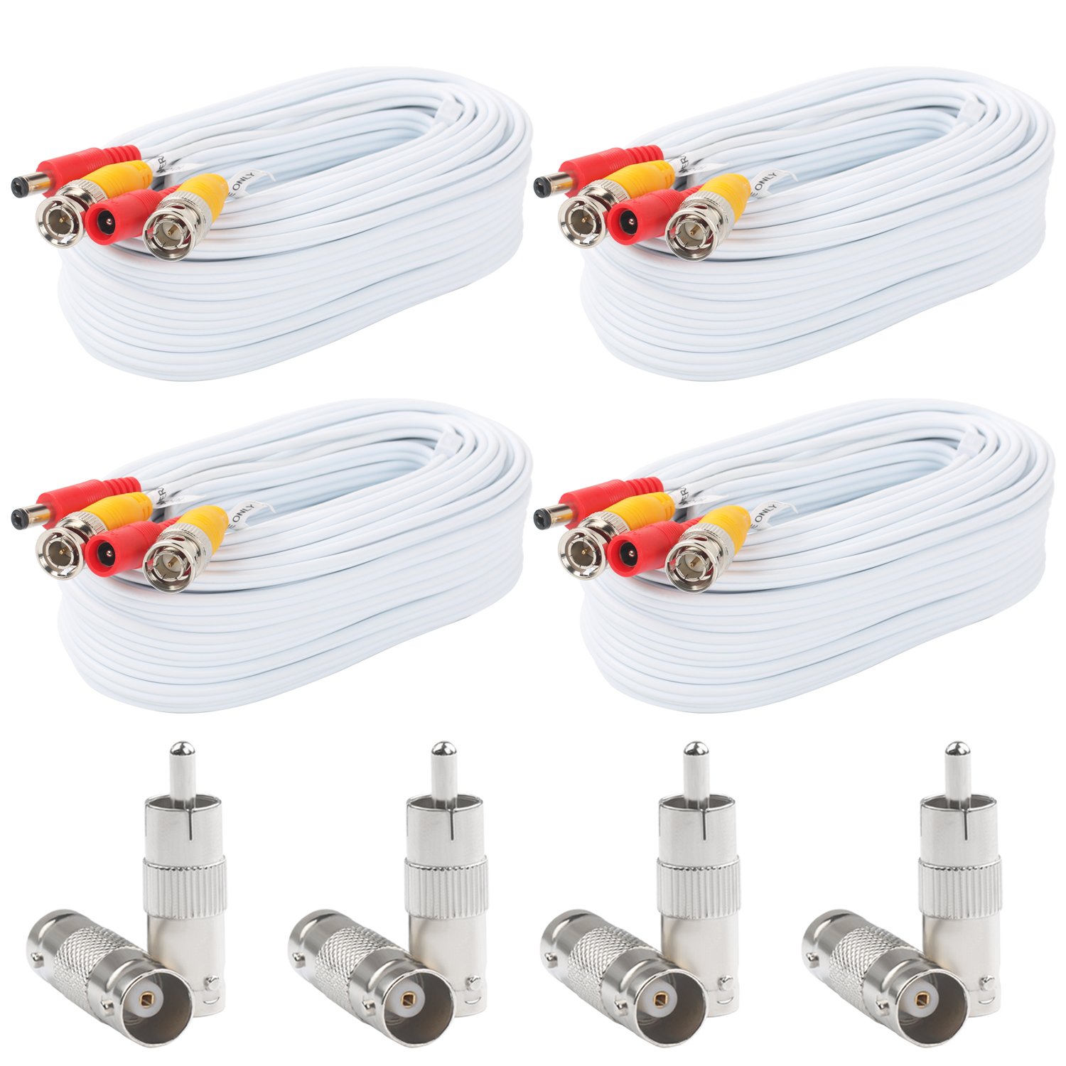 Postta BNC Video Power Cable 25ft (4 Pack) for CCTV DVR Surveillance System - Outdoor Security Camera Setup