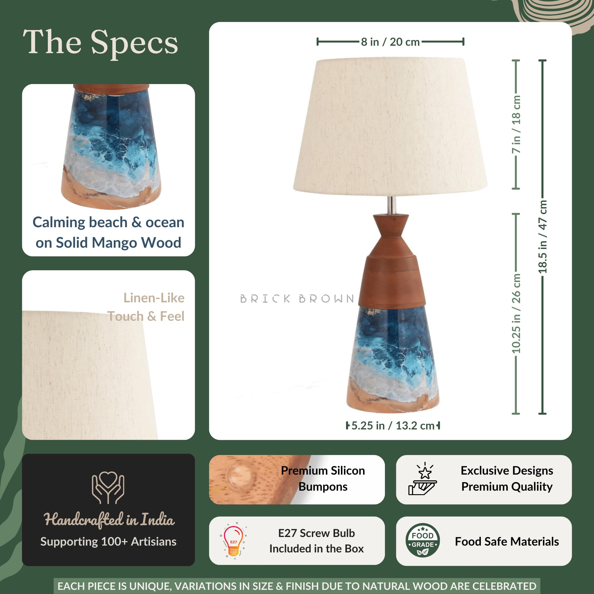 Brick Brown ® Premium Wooden Aqua Lamp with Shade & Bulb - Modern Home Decor Lighting for Bedroom, Living Room, Study Room - Perfect Nightstand Lamp for Bedside Table, Reading Nook & Cozy Ambiance