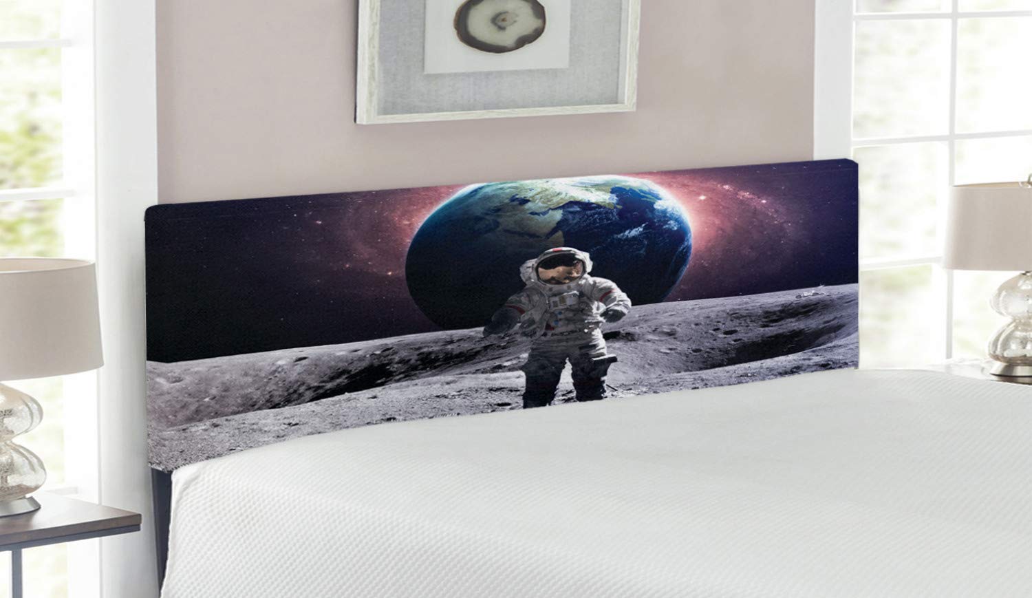Ambesonne Space Themed Headboard - Astronaut Moonwalk with Earth Cosmos Design, Upholstered Metal Bed Headboard with Memory Foam, Queen Size Grey Magenta - Perfect for Kids' Room, Space Enthusiast Bedroom & Sci-Fi Decor
