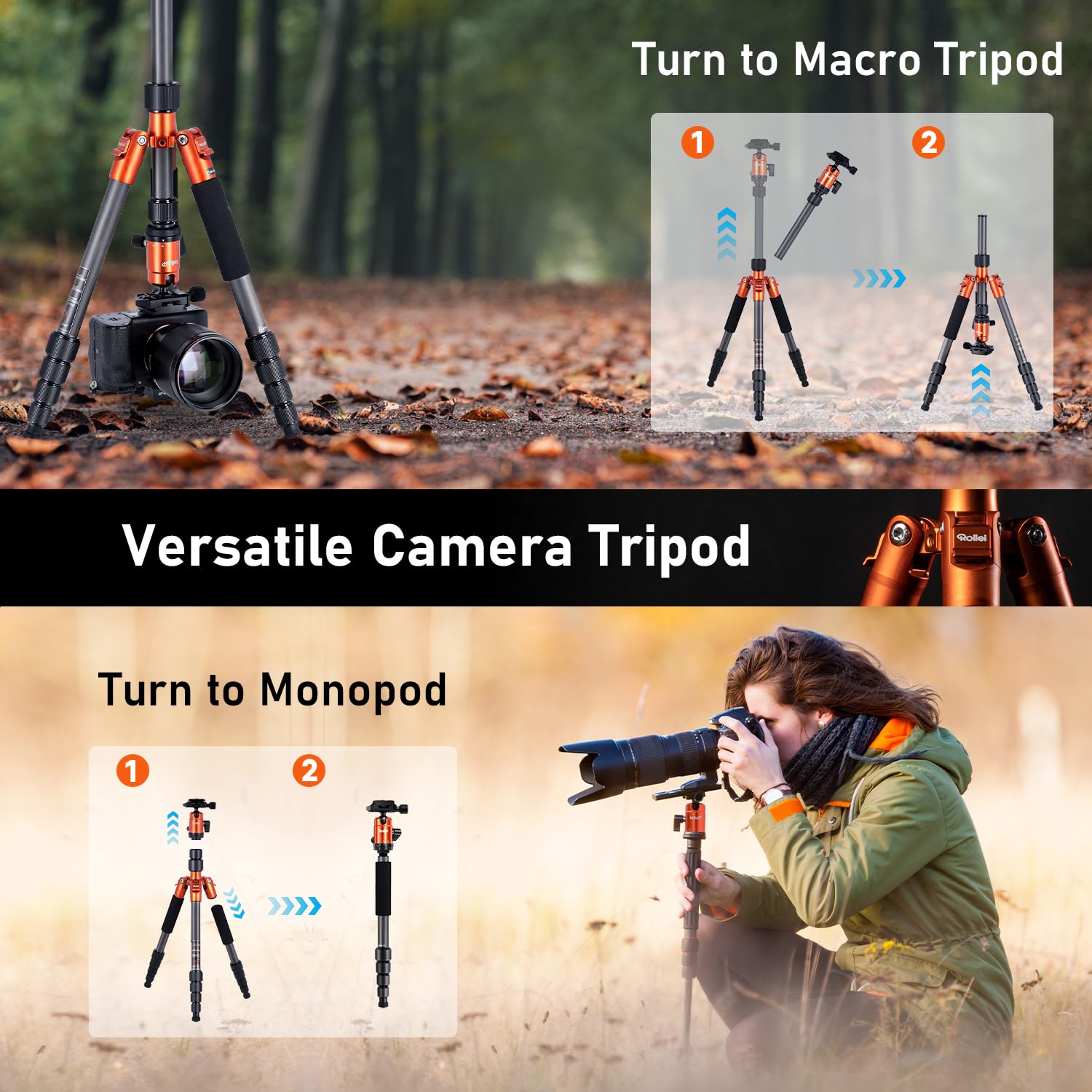 Rollei Compact Traveler No. 1 Carbon Fiber Tripod - 57 Inch Lightweight Travel Tripod with Ball Head, Phone Mount & Carry Bag (8kg Load) - Arca Swiss Compatible DSLR/Mirrorless Camera Stand - Perfect for Travel Photography, Vlogging & Outdoor Adventures