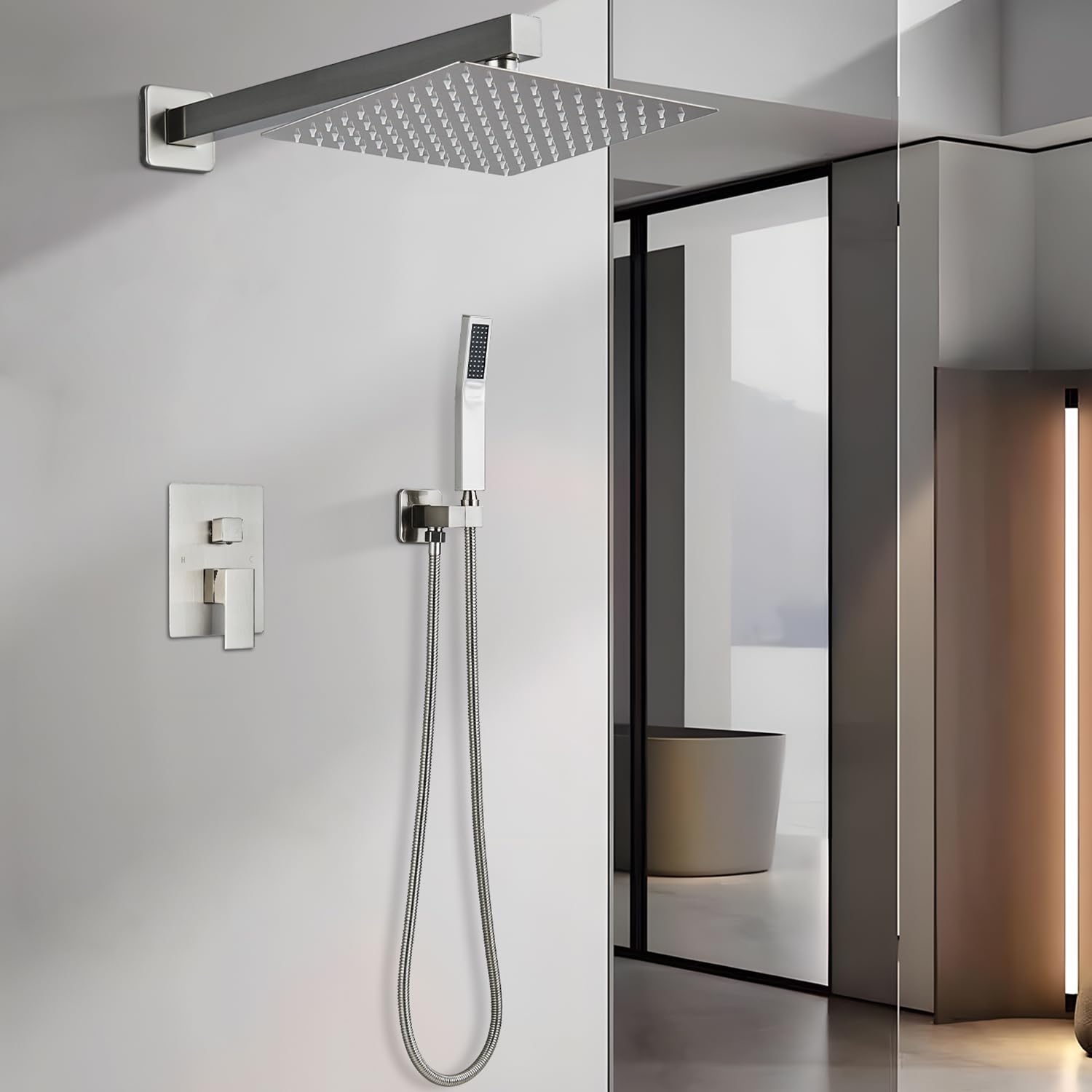 Votamuta 10 Inch Rainfall Shower System - Wall Mounted Shower Faucet Set with Full Brass Trim Kit & Shower Valve in Brushed Nickel - Perfect for Bathroom Renovation & Spa-Like Shower Experience