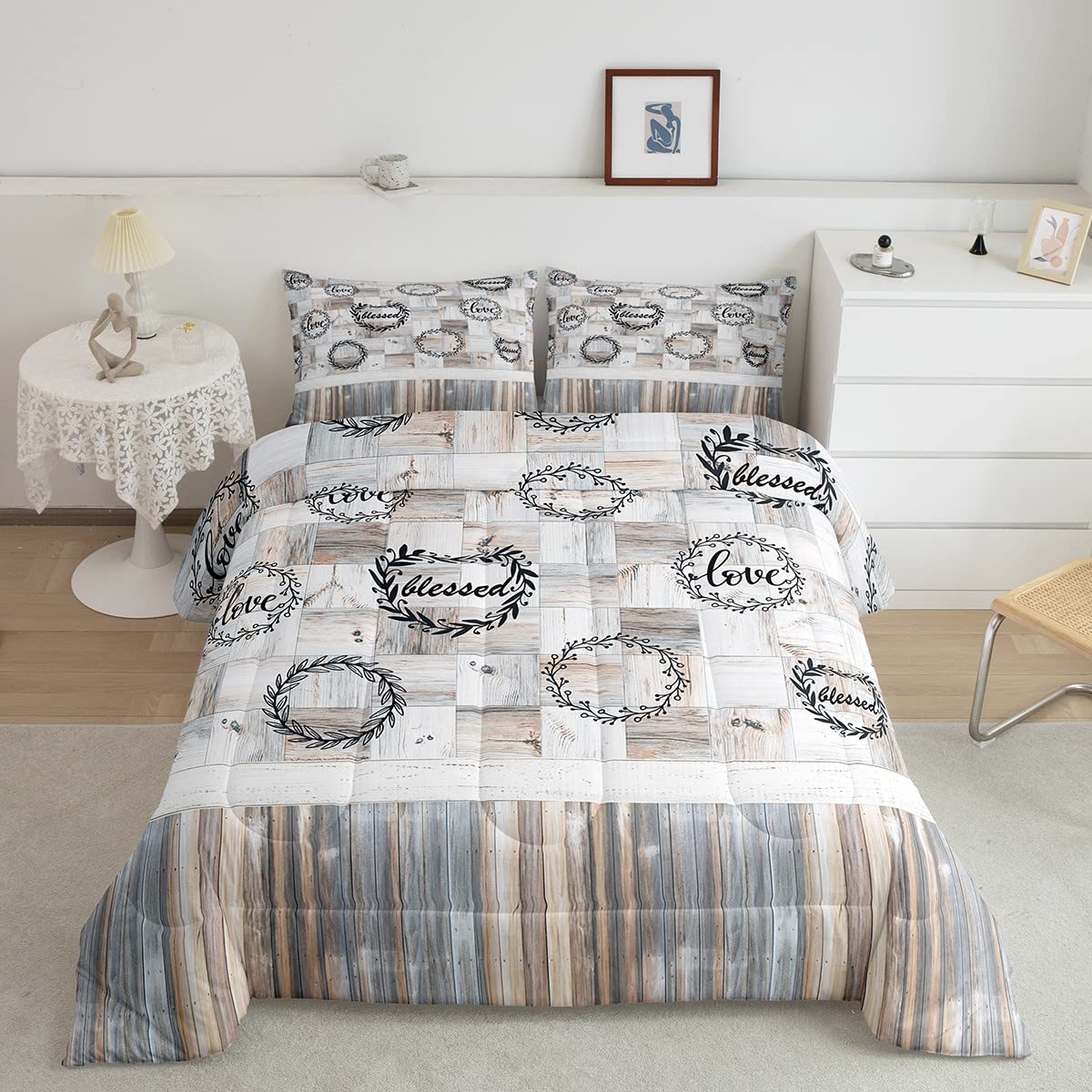 Farmhouse Bedding Set Twin Size - Rustic Wooden Pattern Comforter Set for Kids & Girls | Soft Floral Leaves Design, Cozy Quilted Bedding with Buffalo Check Grid Decor | Perfect for Kids' Room, Nursery, or Farmhouse Style Bedroom
