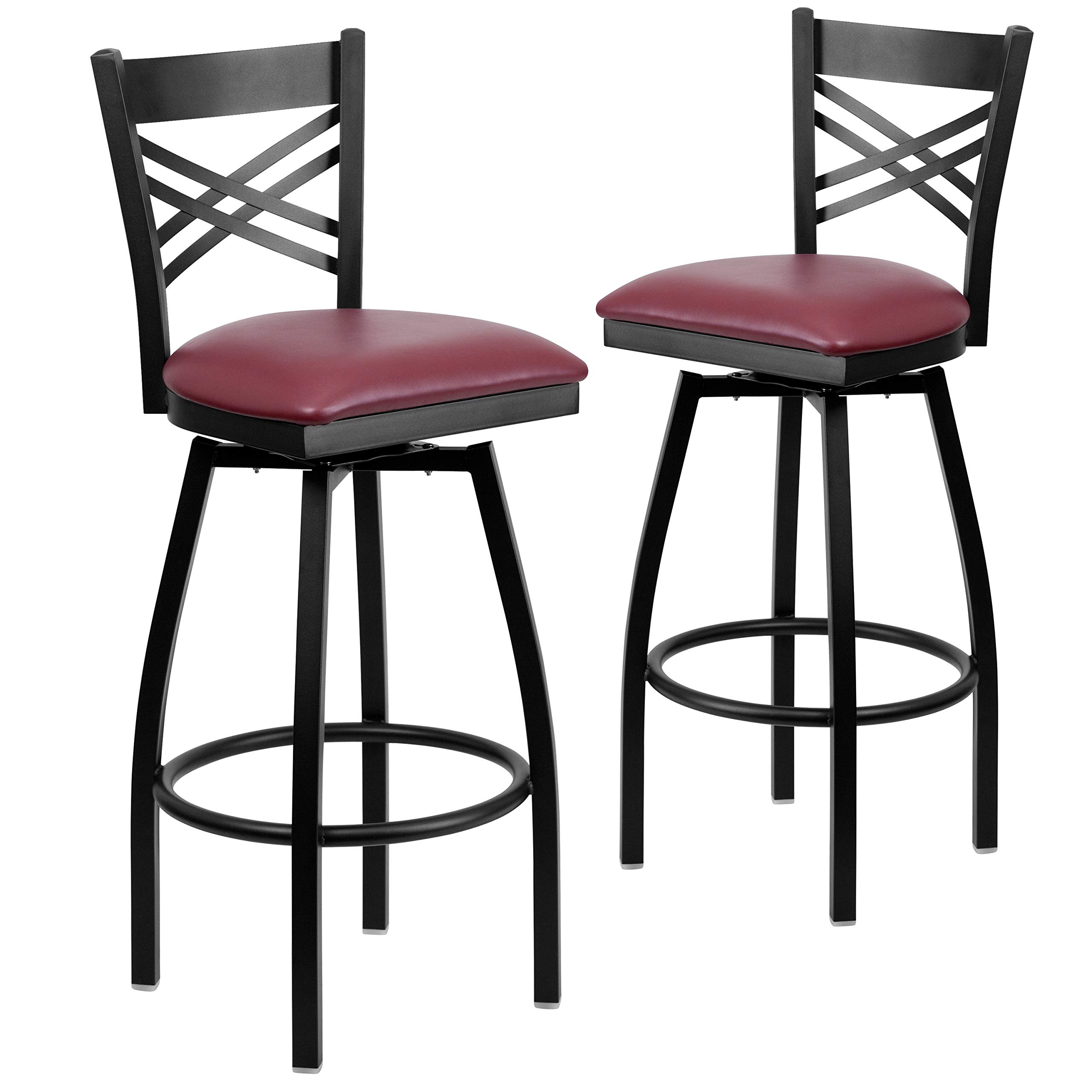 2 Pack Black X-Back Swivel Metal Barstools with Burgundy Vinyl Seat - Heavy Duty Counter Height Bar Stools for Kitchen Island, Breakfast Nook & Home Bar (Set of 2)