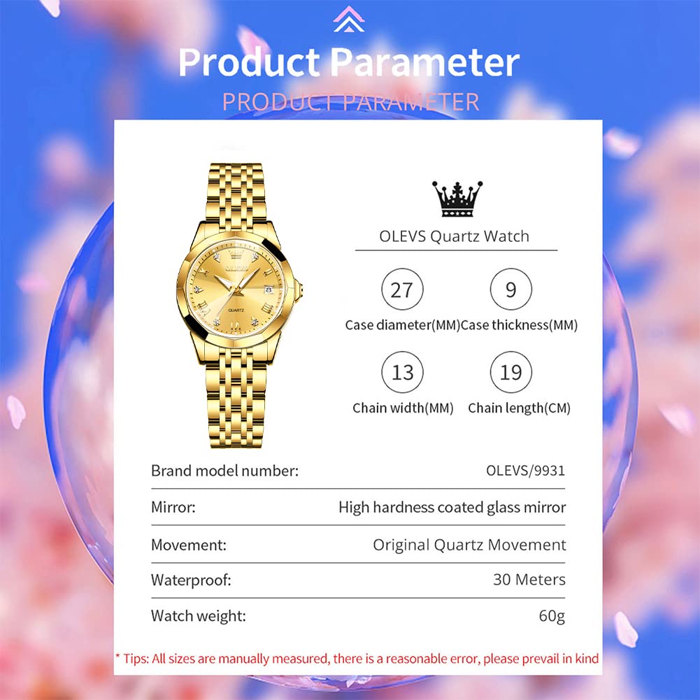 OLEVS Women's Gold Stainless Steel Waterproof Analog Watch with Date & Day - Small Face Quartz Ladies Watch - Fashion Gold, Black & White Dials - Perfect for Office, Party & Everyday Wear