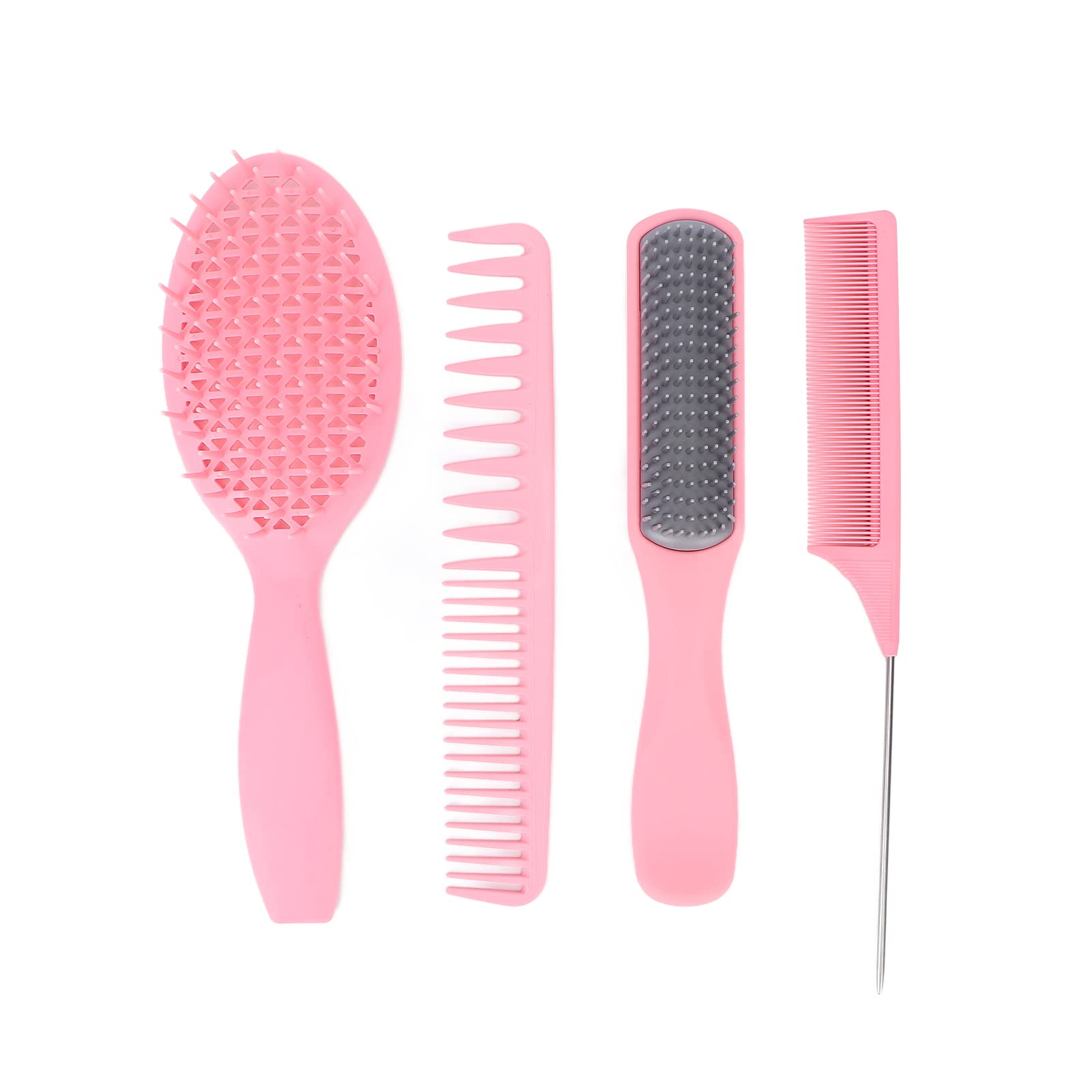 Detangling Hair Brush Set - 4pcs Ergonomic Scalp Massage Comb & Tail Comb for Smooth Hair, Portable for Travel & Home Use, Salon Quality (Pink, Boxed) - Perfect for Styling, Detangling & Scalp Care at Home, Salon or On-the-Go