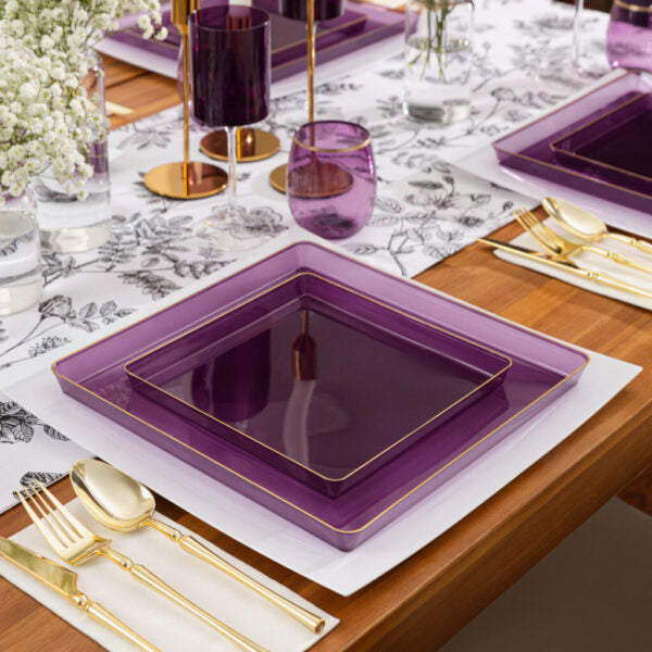20 Pack Purple and Gold Square Plastic Dinnerware Set for 10 Guests - Elegant Disposable Square Edge Plates, Bowls, Cups & Utensils - Perfect for Weddings, Parties, Banquets & Outdoor Events