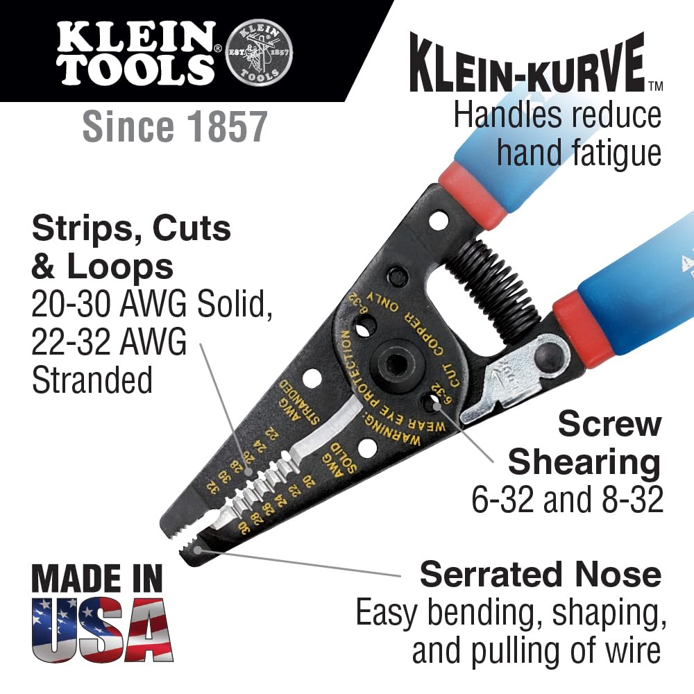 Klein Tools 11057 Heavy Duty Wire Cutter & Stripper for 20-30 AWG Solid & 22-32 AWG Stranded Wires | Made in USA | Professional Electrical Tool for DIY Projects & Home Wiring