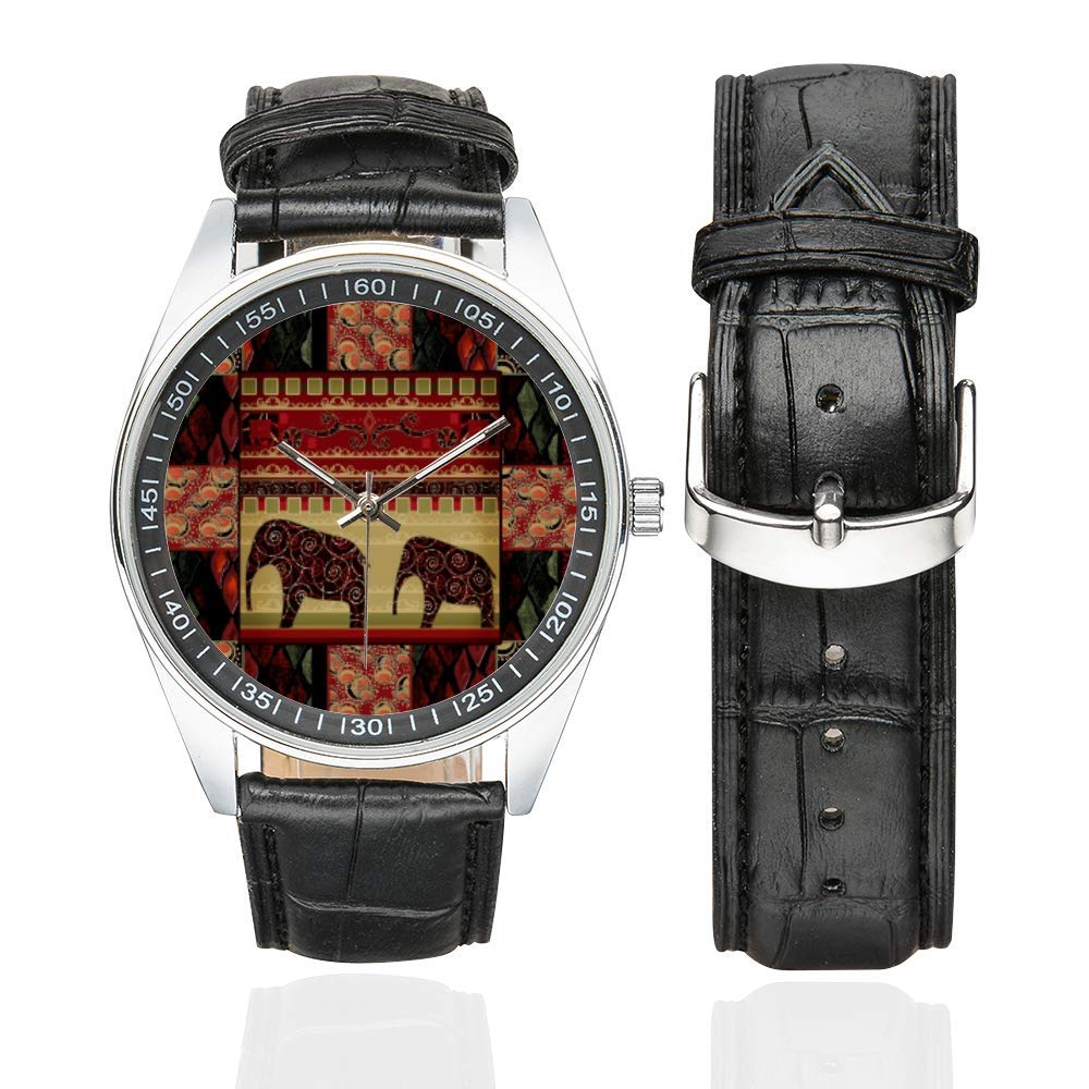 InterestPrint Waterproof Men's Stainless Steel Watch with Leather Strap - Hippie Ethnic Boho Tribal Aztec Design in Black | Perfect for Casual Wear, Outdoor Adventures & Festival Fashion