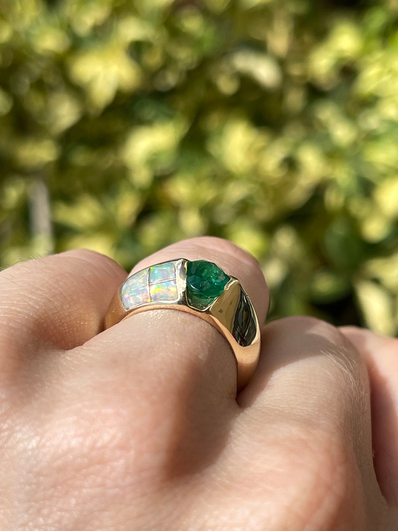 1.05ct 14K Gold Natural Green Oval Emerald & Opal Accent Statement Men's Ring for Wedding, Engagement & Special Occasions - Luxury Jewelry Gift for Him