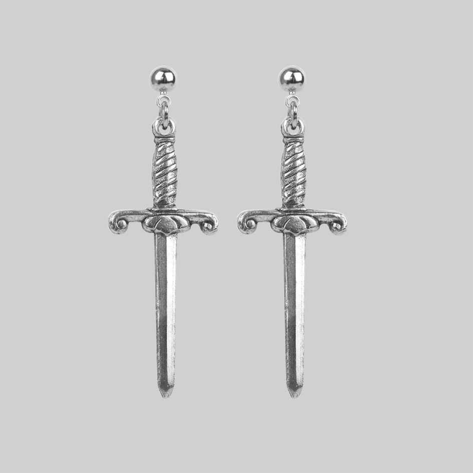 TRUST Dagger Earrings - Sterling Silver Gothic Punk Jewelry for Women, Perfect for Halloween, Cosplay & Edgy Fashion