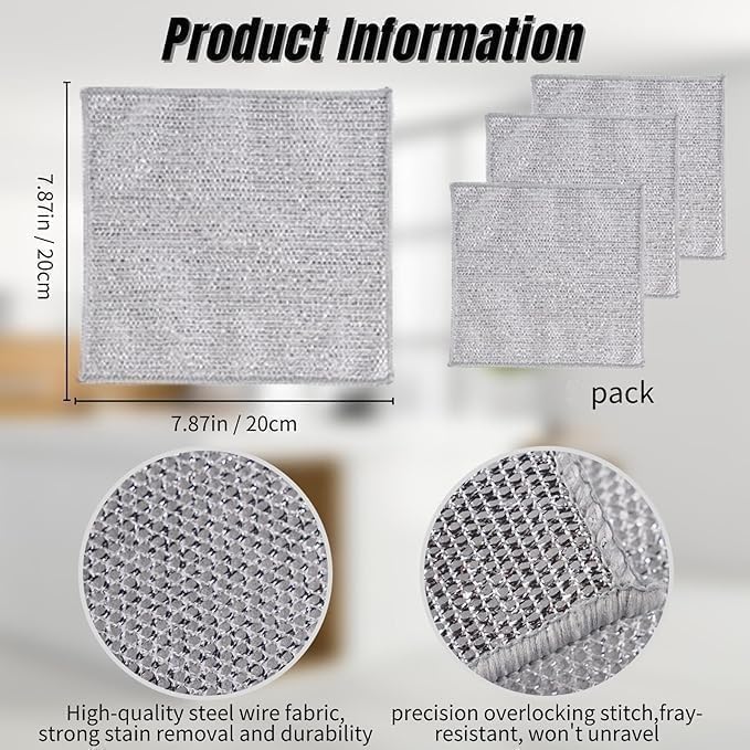 PRAGAT VIEW 3-Pack Multipurpose Stainless Steel Dish Scrubbers - Non-Scratch Kitchen Scrub Cloths for Dishes, Sinks & Countertops - Reusable Wet/Dry Dishwashing Rags (Perfect for Cleaning Pots, Pans & Utensils)