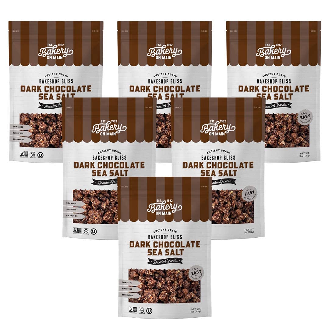 Bakery On Main Dark Chocolate Sea Salt Granola - Gluten Free, Non-GMO, Whole Grain Oatmeal Snack, 11oz (6 Pack) | Perfect for Breakfast, Healthy Snacking & On-The-Go Energy