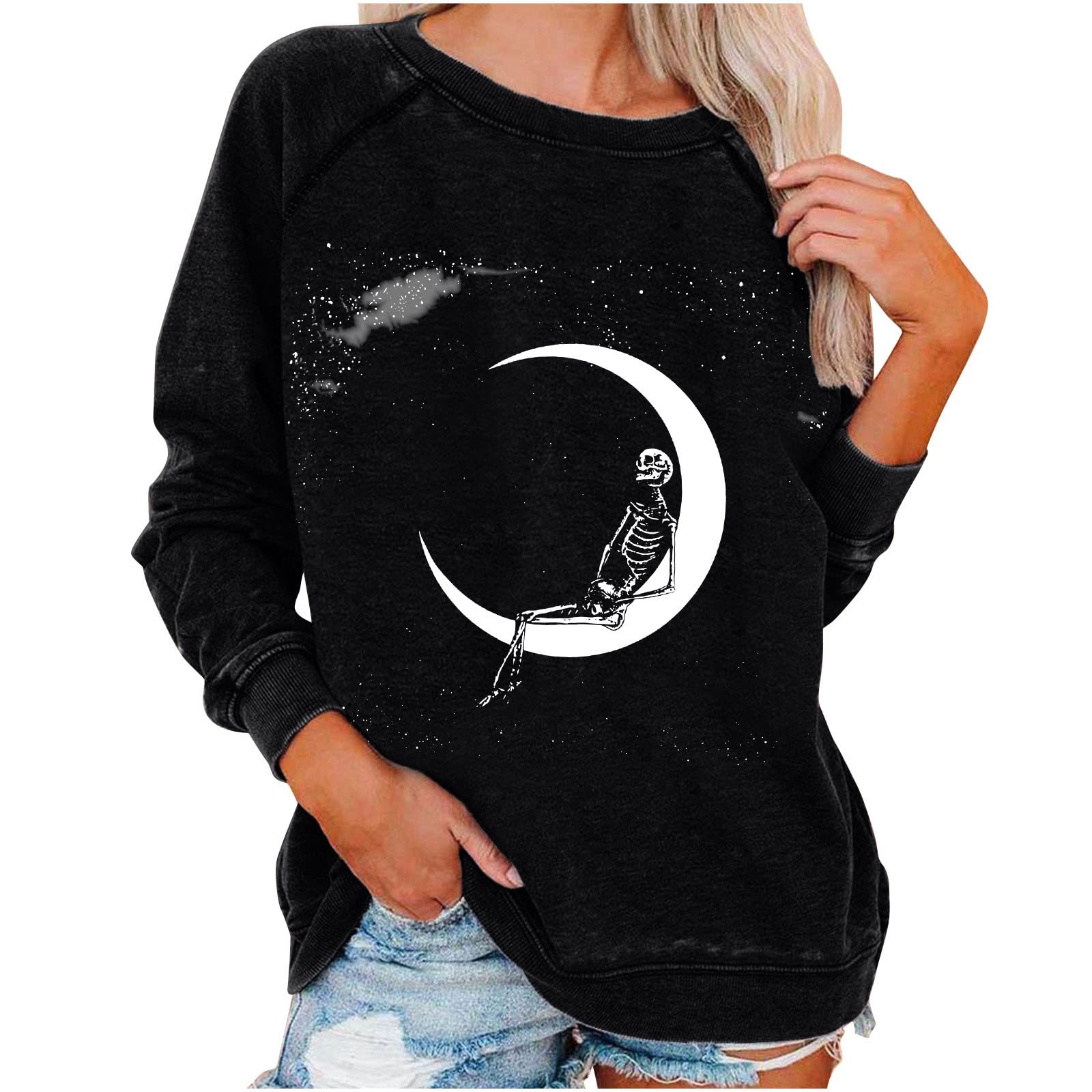 Women's Halloween Skeleton Sweatshirt - Vintage Graphic Long Sleeve Tee, Oversized Drop Shoulder Casual Shirt for Fall | Perfect for Halloween Parties, Cosplay & Spooky Season Outfits