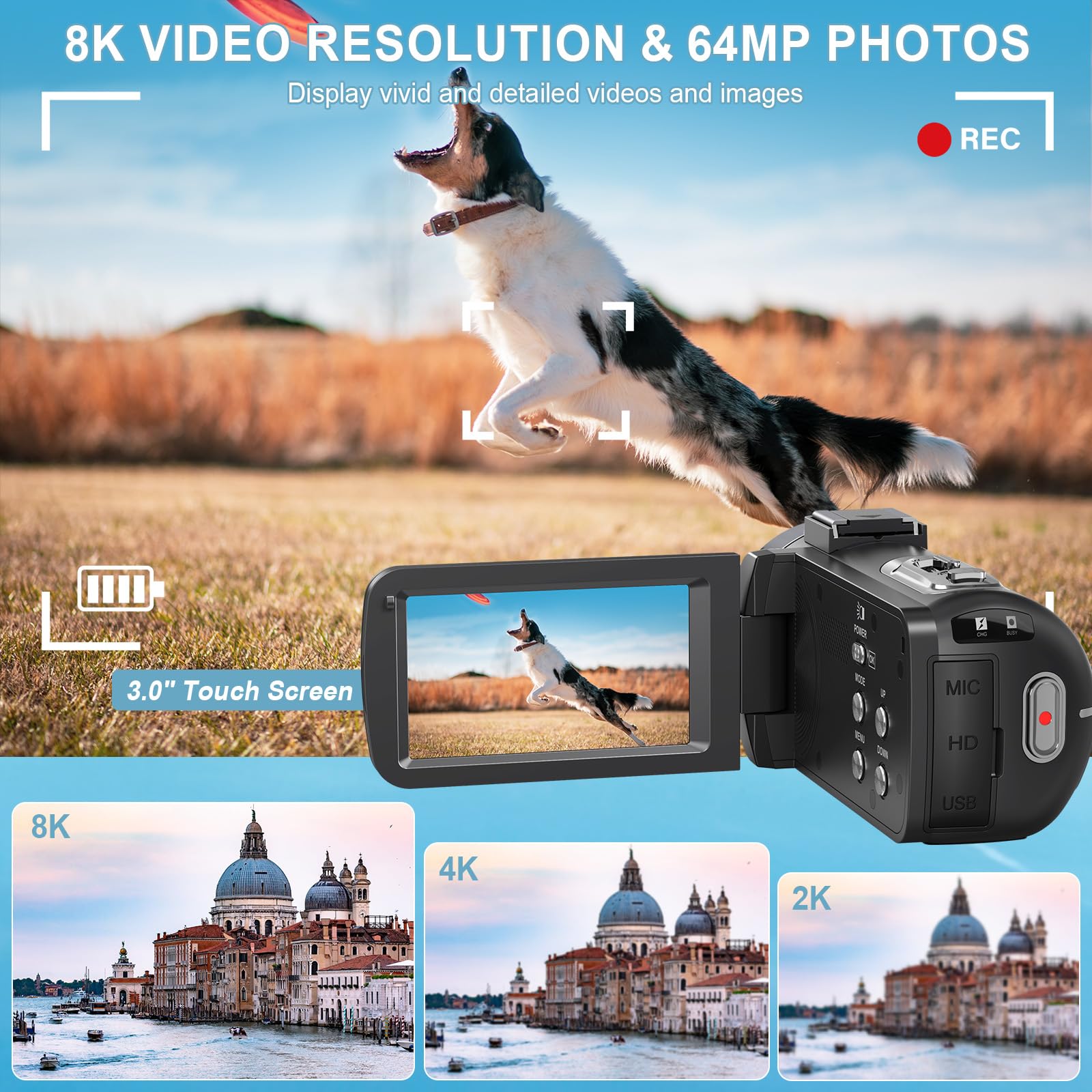 8K 64MP Camcorder Video Camera with 18X Digital Zoom - YouTube Vlogging Camera, Webcam with IR Night Vision & WiFi, 3.0” Touch Screen, Includes Microphone, 32G SD Card, Remote Control & 2 Batteries - Perfect for Travel Vlogging, Live Streaming, and Home Security Monitoring