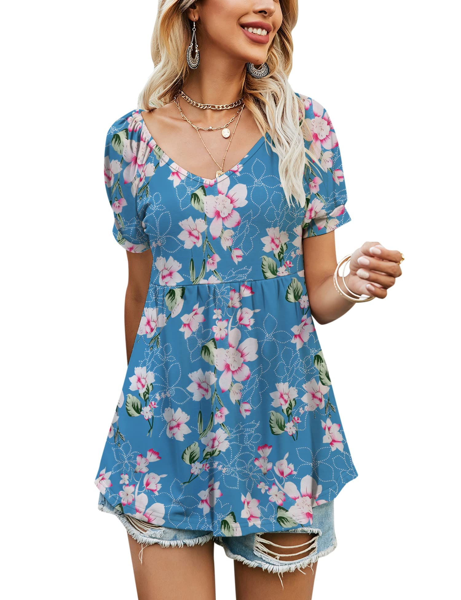 LOMON Women's Casual Puff Long Sleeve Tunic Top - V-Neck Pleated Flare Blouse with Smocked Cuffs (S-XXL) | Perfect for Office Wear, Date Night & Spring Outfits