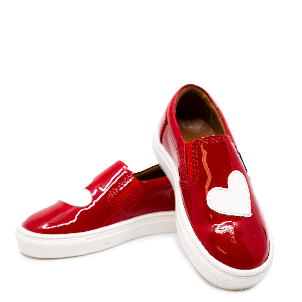 Atlanta Moccasin Sneakers - Red & White Heart Patent Leather Slip-On Shoes for Women | Casual Comfort Walking Shoes for Work, Travel & Everyday Wear