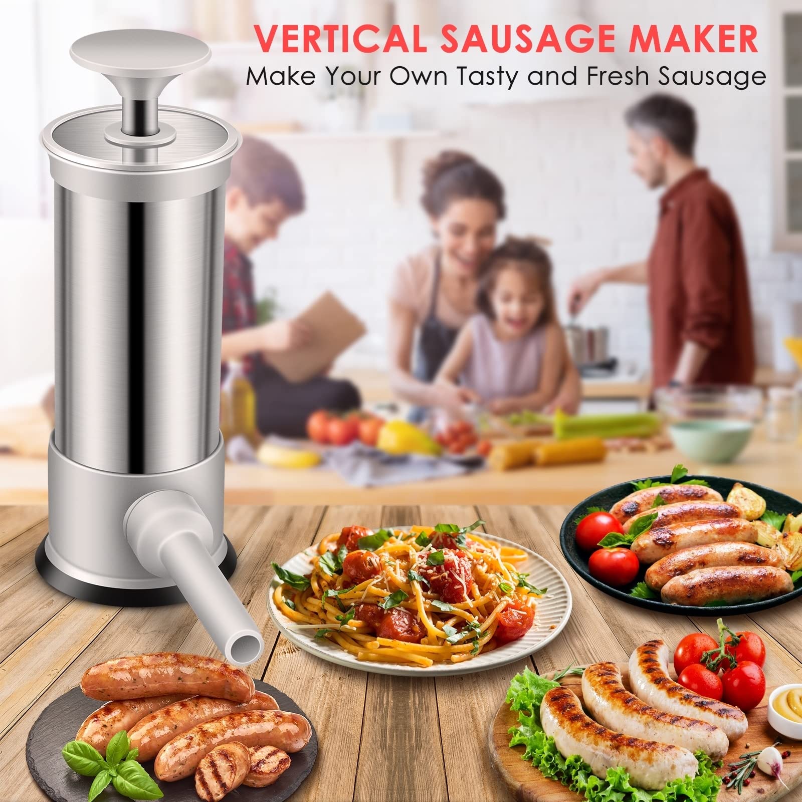 Stainless Steel Vertical Sausage Stuffer & Sausage Maker with 4 Stuffing Tubes - 2.2LB Manual Sausage Stuffer Machine for Home Kitchen, Butcher Shop & Sausage Making Enthusiasts