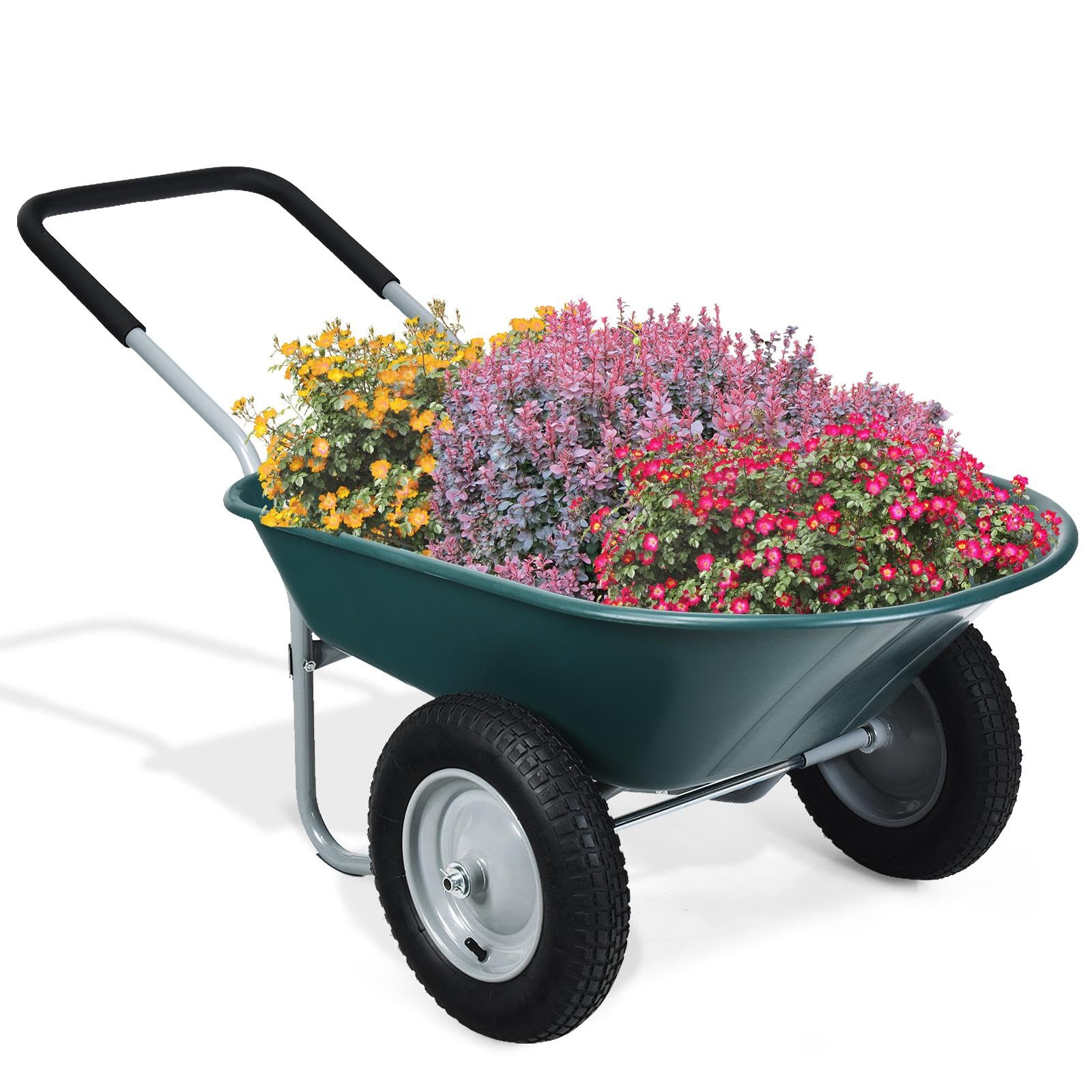 Heavy Duty Dual Wheel Wheelbarrow - 330 LBS Capacity with All-Terrain Pneumatic Tires | Utility Garden Cart for Gardening, Planting, Yard Work & Construction Sites | Perfect for Home Improvement, Landscaping & Outdoor Projects (Green)