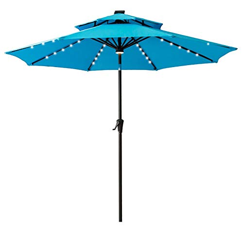 FLAME&SHADE 9FT Solar Powered LED Patio Umbrella with Double Canopy & Adjustable Tilt - Outdoor Dining, Poolside Lounging, Backyard Parties - Perfect for Decks, Gardens & Beach Resorts