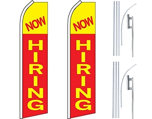 2 Pack Swooper Flutter Feather Flags with 2 Poles & Ground Spikes - Vibrant Red & Yellow NOW HIRING Design - Perfect for Business Advertising, Car Dealerships, and Outdoor Events