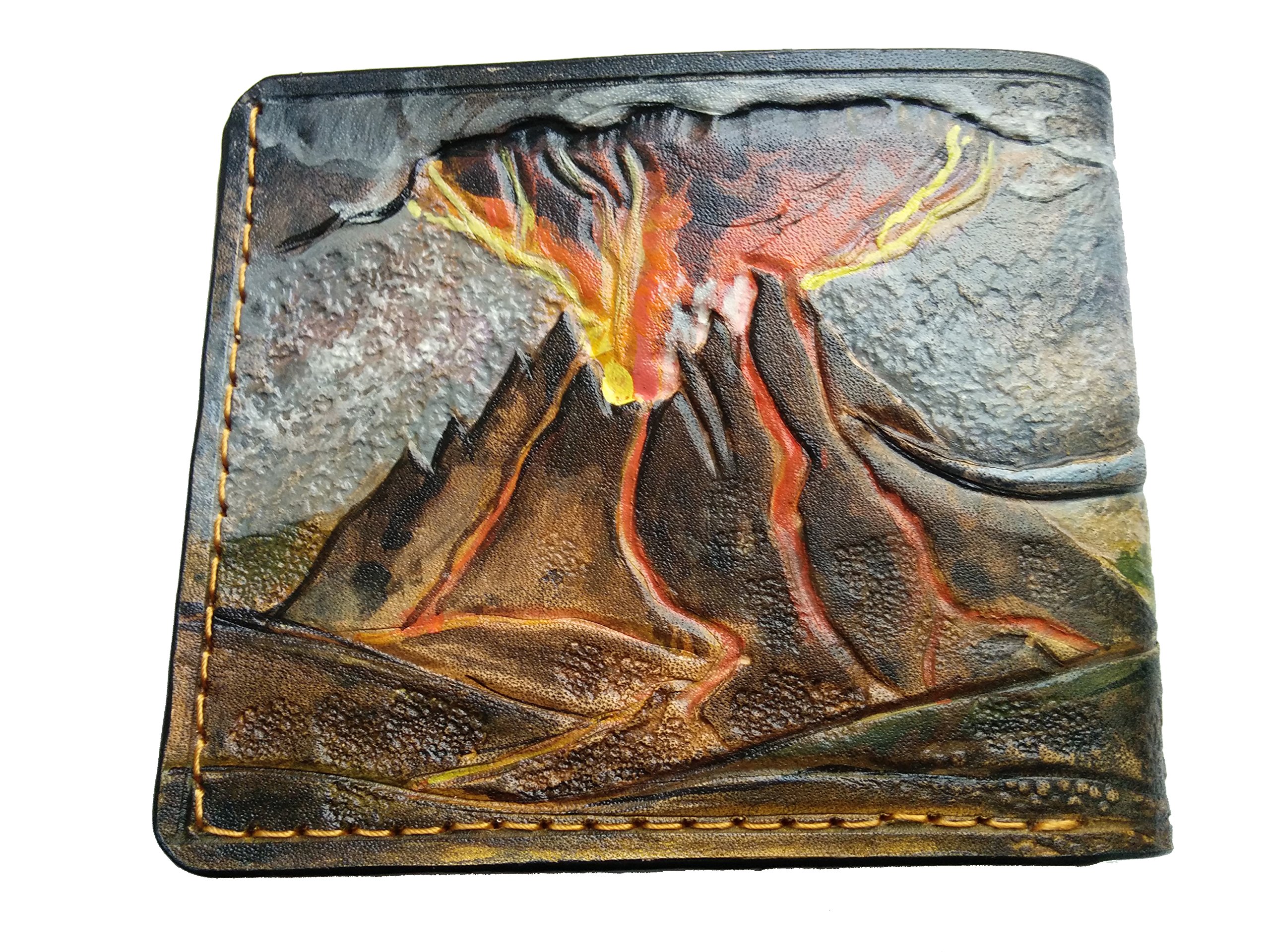 Handmade 3D Genuine Leather Dinosaur Volcano Eruption Wallet - Blue Velociraptor Carved Bifold Wallet for Men - Custom Airbrush Art Personalized Tooled Leather Wallet - Perfect Gift for Dinosaur Lovers & Collectors