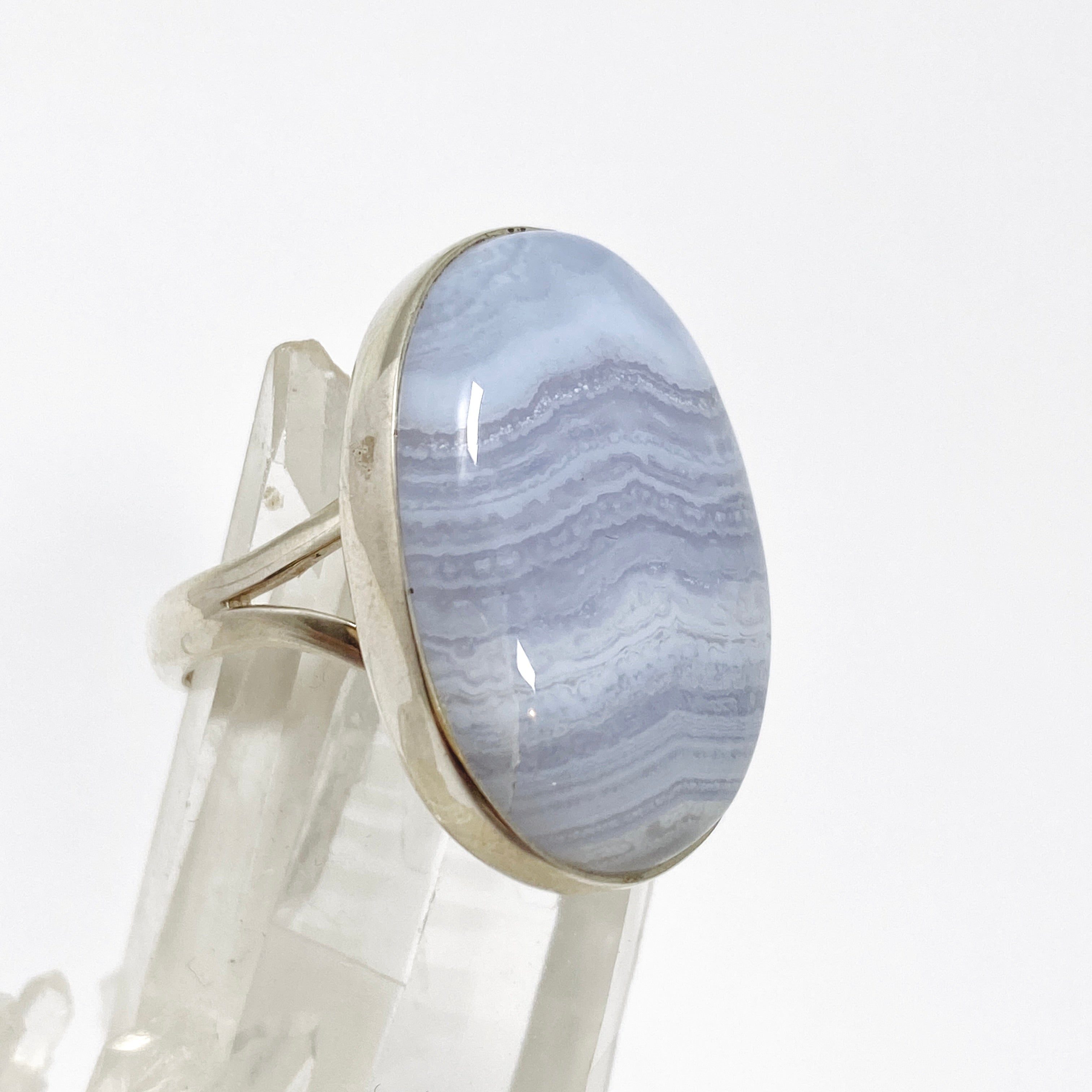 Blue Lace Agate Oval Cabochon Ring - Size 9 - Sterling Silver Handmade Jewelry - KRGJ3376 - Perfect for Boho Fashion, Wedding & Gift Giving