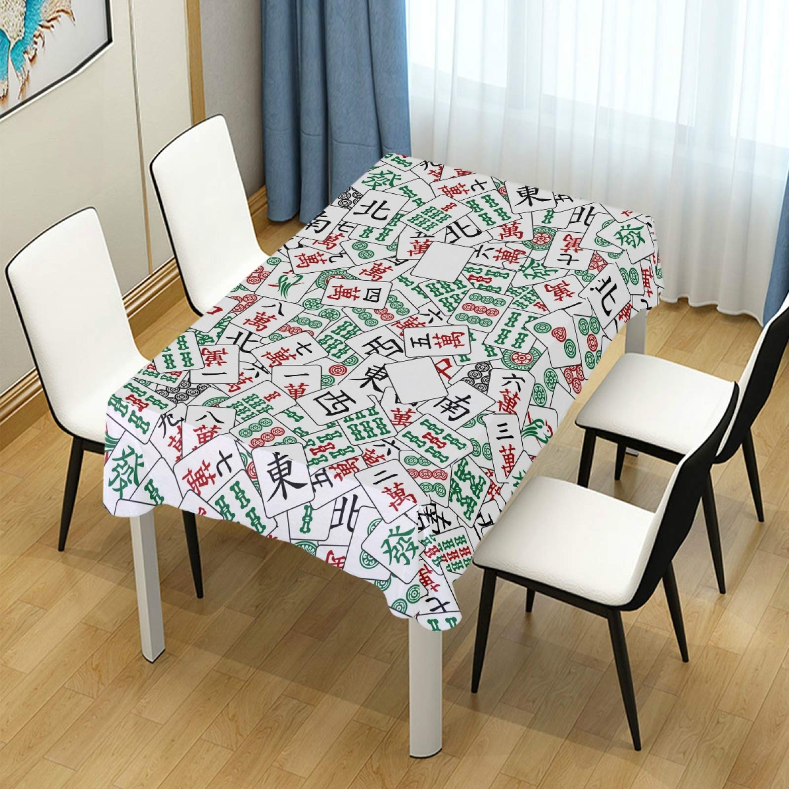 White Chinese Mahjong Pattern Polyester Tablecloth 60x90 Inch - Elegant Rectangle Dining Table Cover for Parties, Dinner Decor & Asian-Themed Events