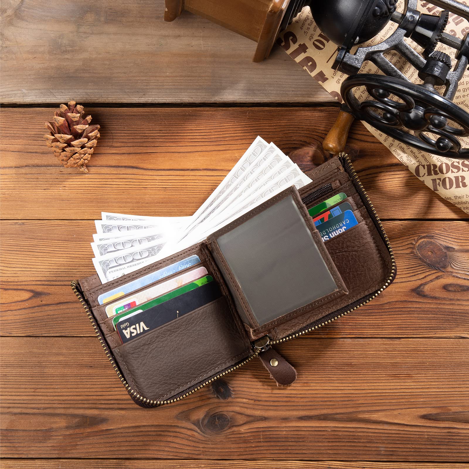 Personalized Leather RFID Blocking Bifold Wallet for Men - Custom Name Text, Large Capacity Credit Card Holder, Anti-Theft Zipper Wallet, Vintage Cowboy Style - Perfect Father's Day Gift & Everyday Carry Essential