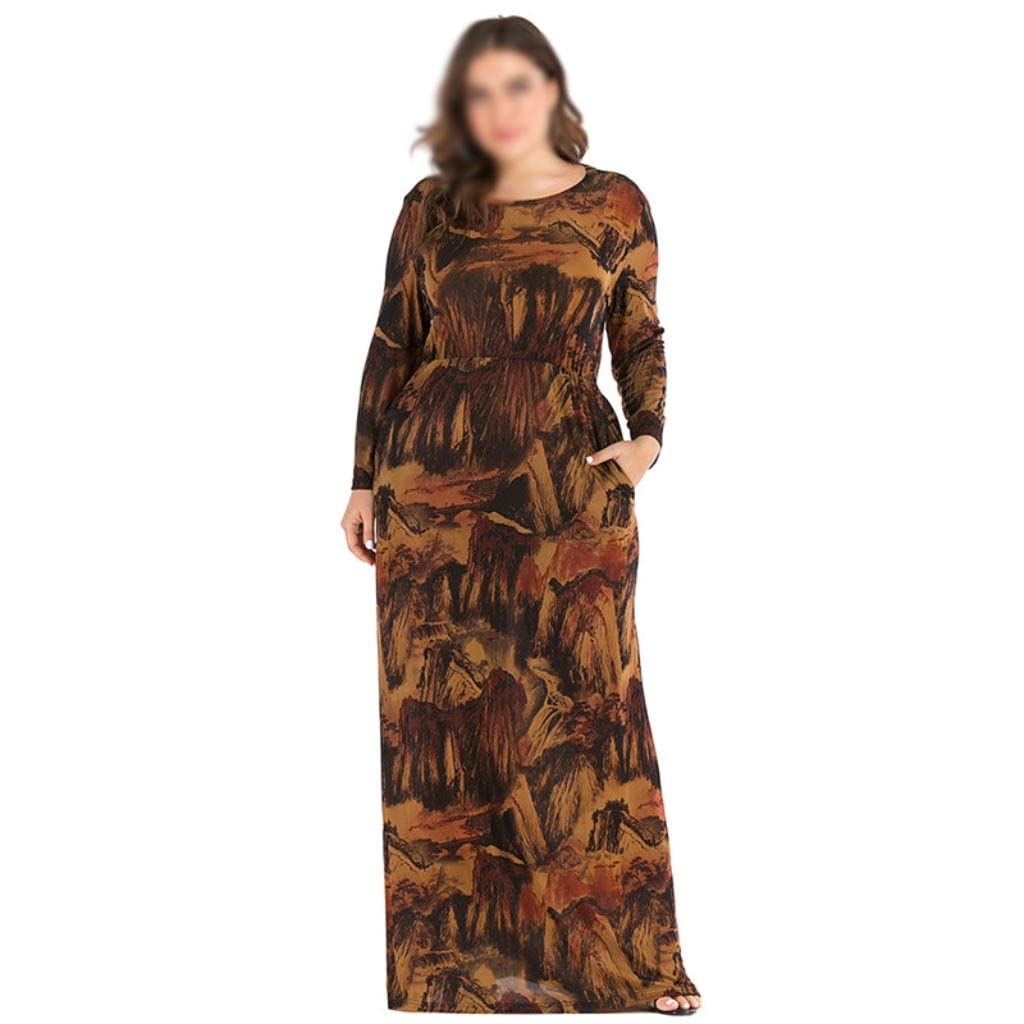 Stylish Autumn Winter Print Plus Size Maxi Dress for Women with Pockets & Long Sleeves - XXXXXXL (Color A) - Perfect for Holiday Parties, Office Wear & Casual Outings