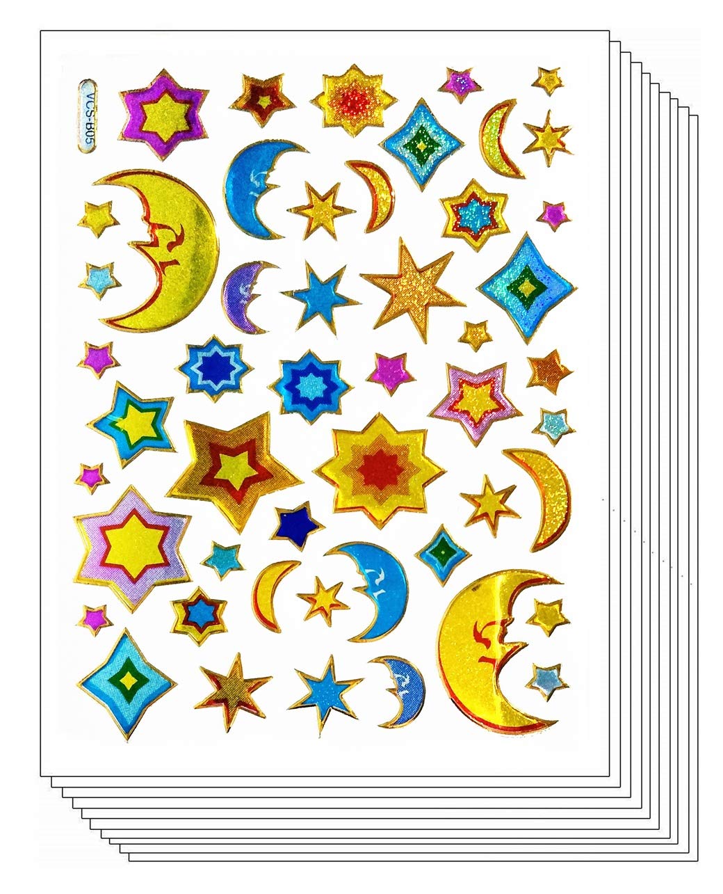 Glitter Stickers Pack - 10 Sheets of Night Stars & Crescent Moon Cartoon Stickers for Scrapbooking, DIY Crafts, Journals, Phone Albums, and Photo Decorations - Perfect for Teachers, Students, and Art Projects (07) - Great for Classroom Rewards, Gift Wrapping, and Planner Embellishments