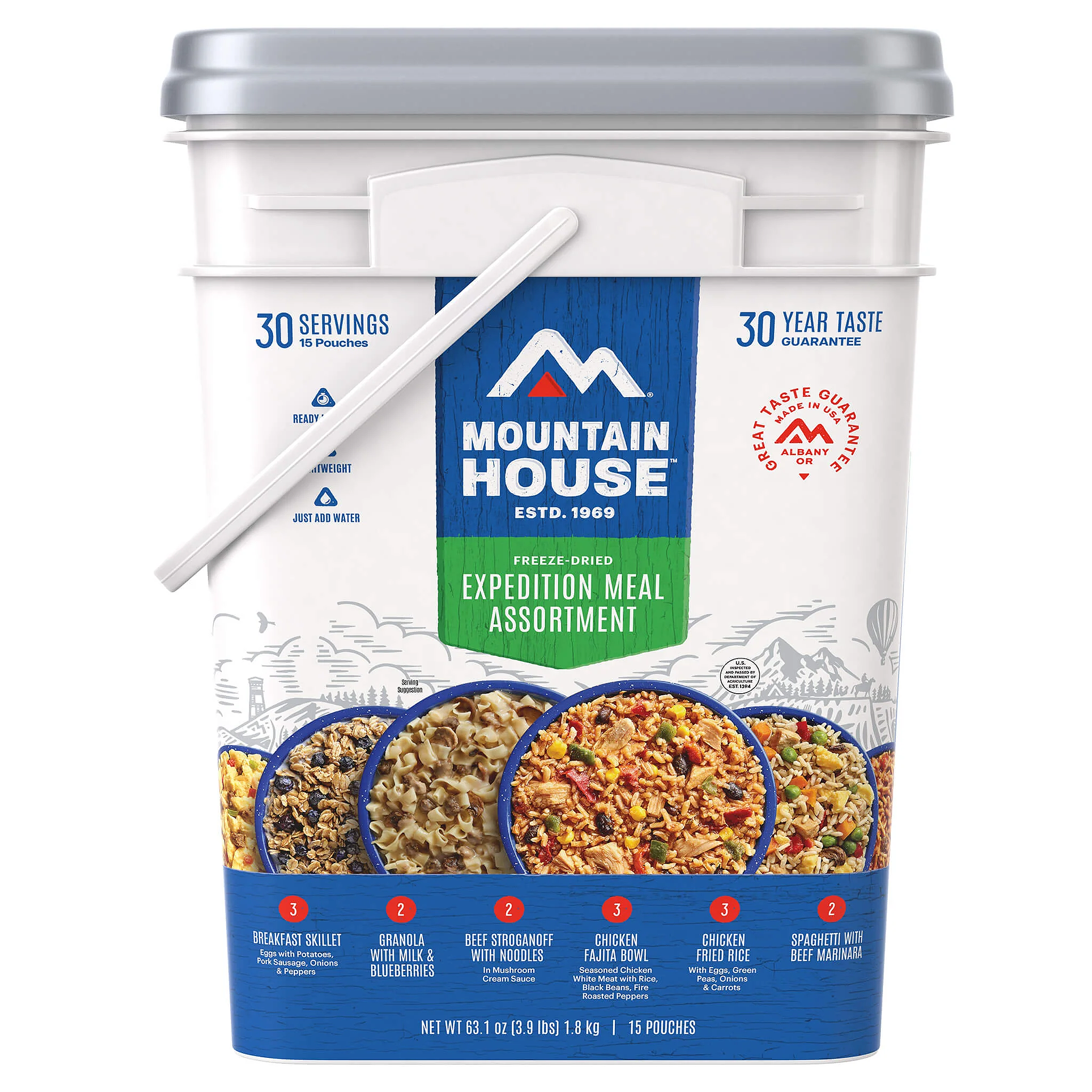 Mountain House Expedition Meal Assortment Bucket - Freeze Dried Camping Food for Emergency Preparedness & Outdoor Adventures - Perfect for Hiking, Backpacking, and Survival Kits